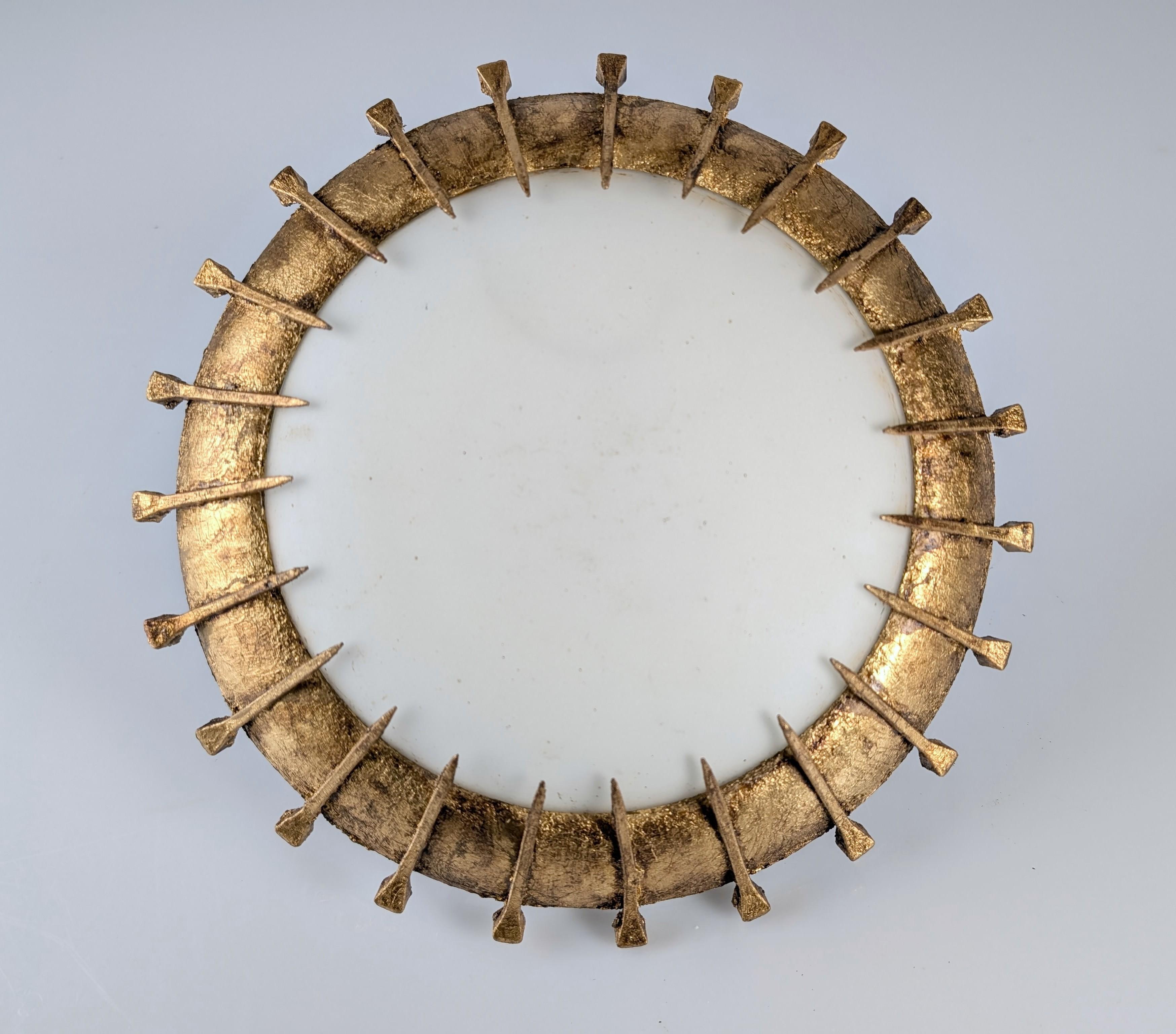 Iron Sunburst Lamp with Forged Nails and Gold Leaf and Opaline, 1940s