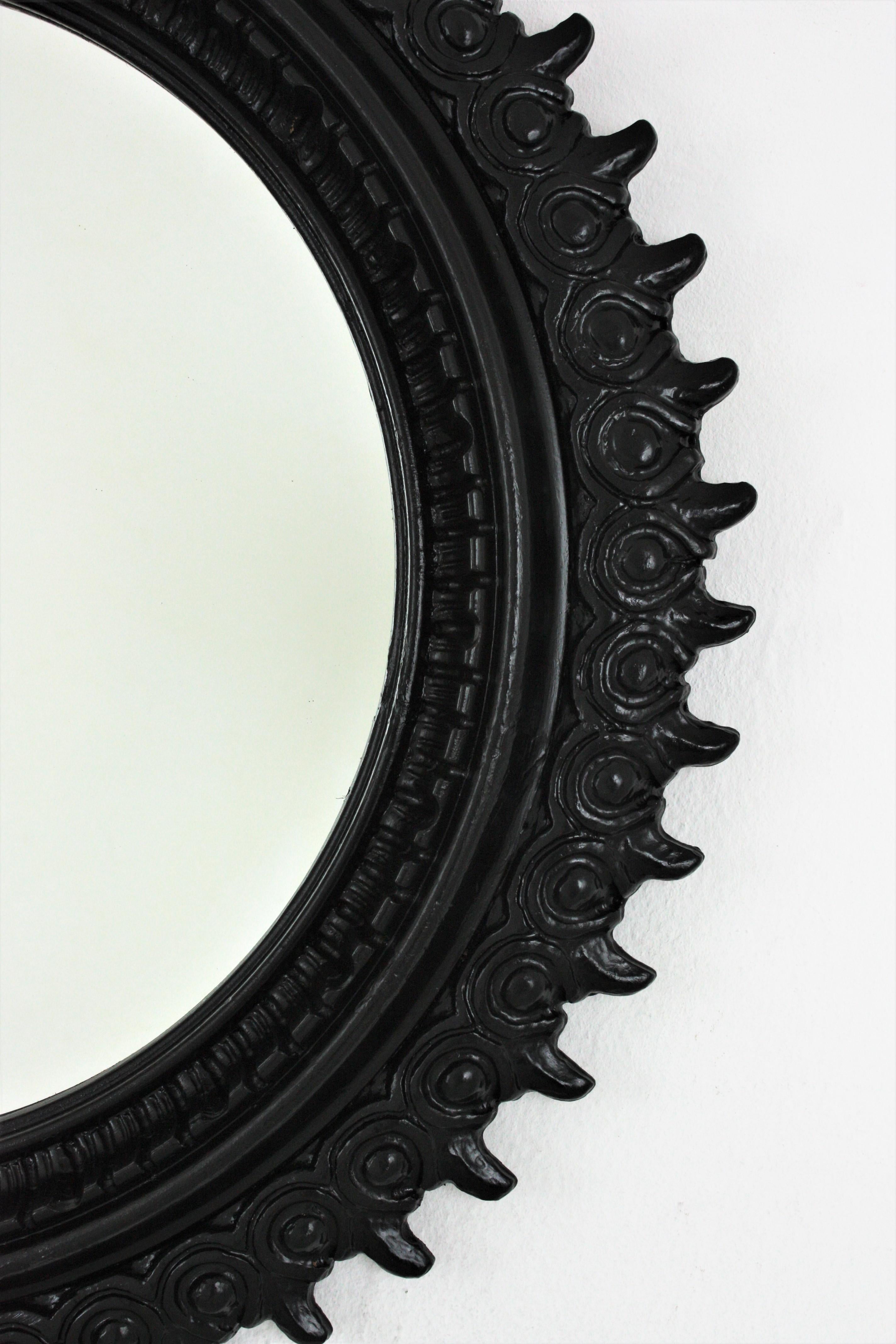 Sunburst Mirror in Carved Wood and Black Patina by Francisco Hurtado For Sale 2