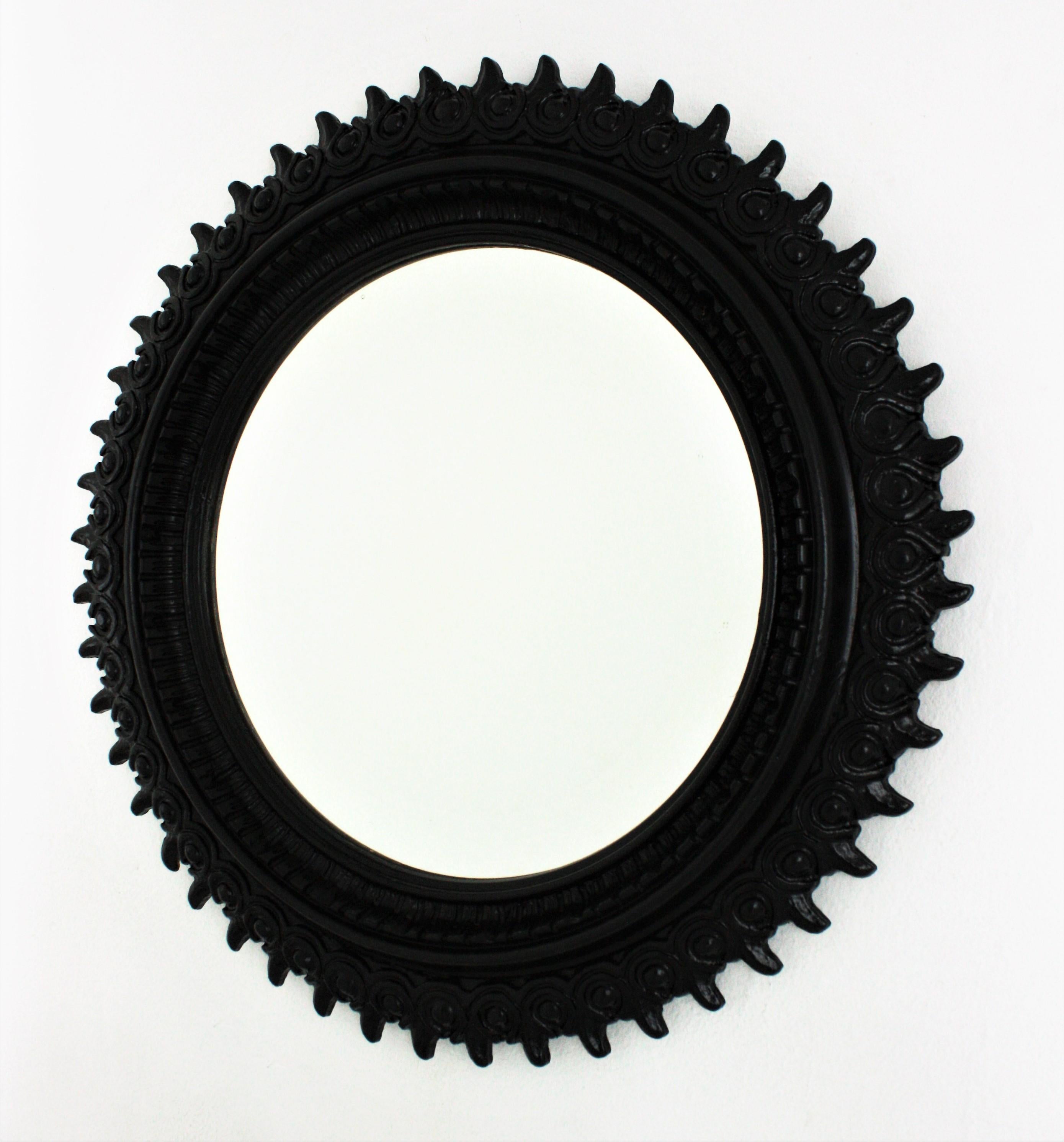 Sunburst Mirror in Carved Wood and Black Patina by Francisco Hurtado For Sale 3
