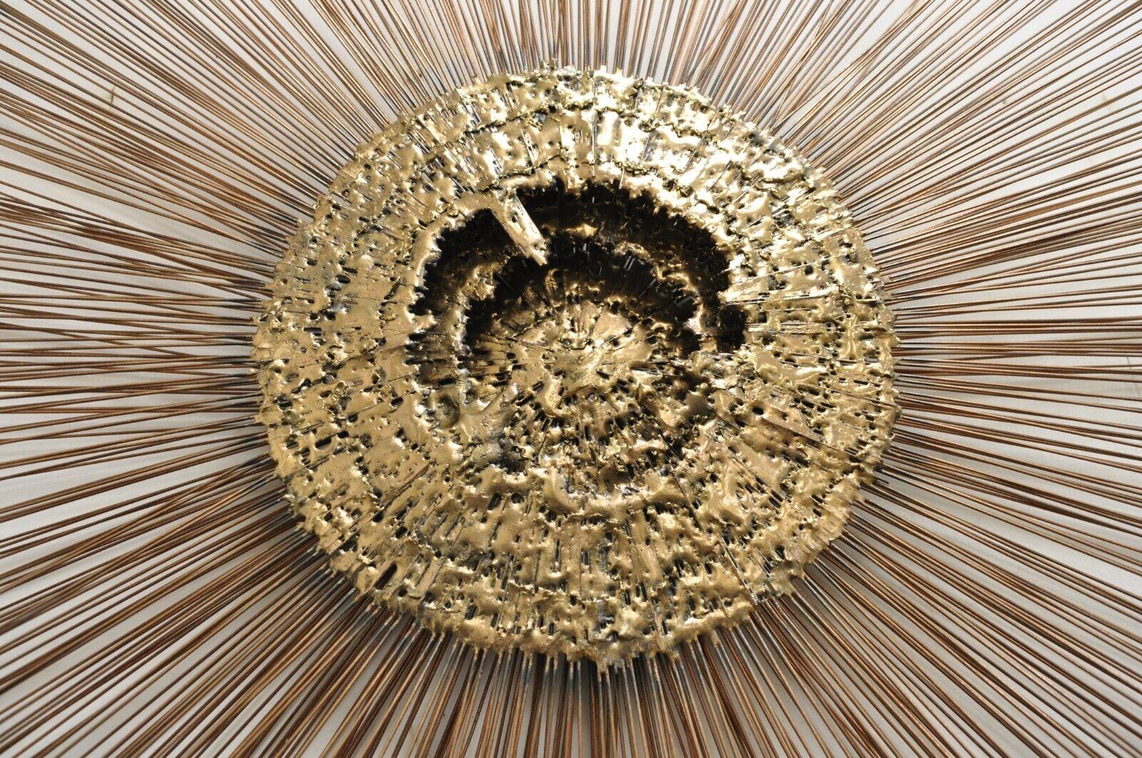 Vintage Sunburst Large Gilt Metal Brutalist Wall Sculpture attr. William & Bruce Friedle in the style of Curtis Jere. Item features Unique 3 tiered, 3 dimensional design, brutalist center, large impressive size. Unsigned but attributed to William &