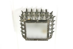 Sunburst Leafed Crown Ceiling Light Fixture, Silvered Iron and Frosted Glass