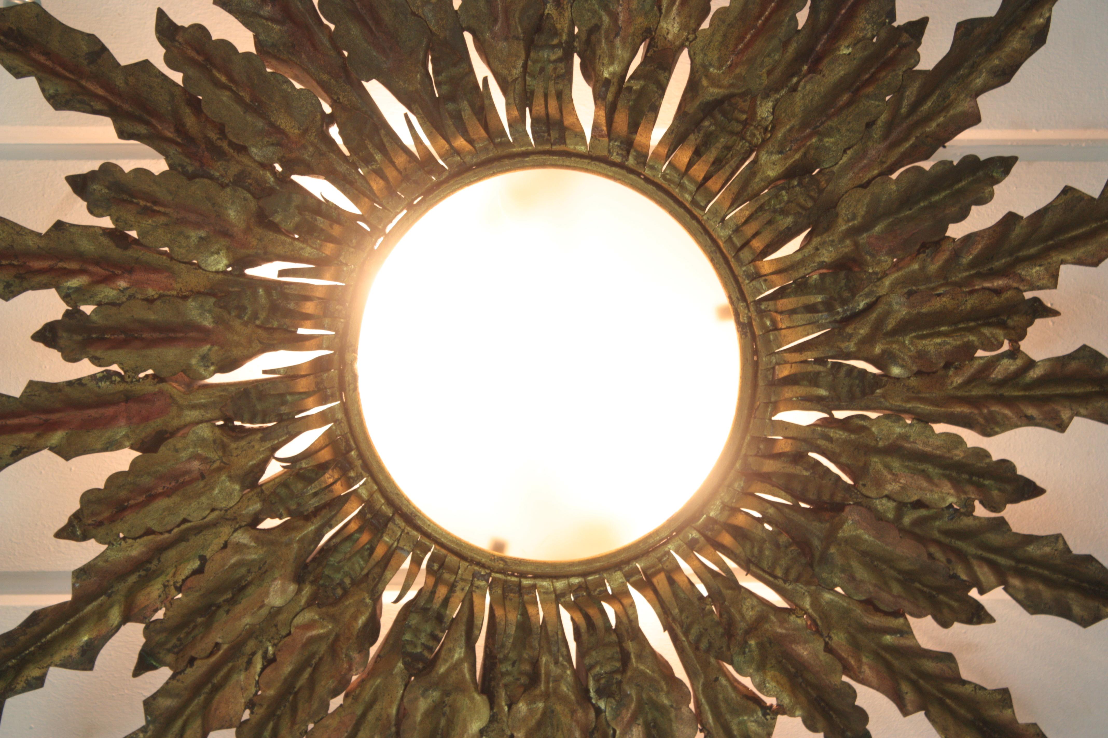 Sunburst Leafed Flush Mount Light Fixture in Gilt Iron, XXL Size For Sale 9