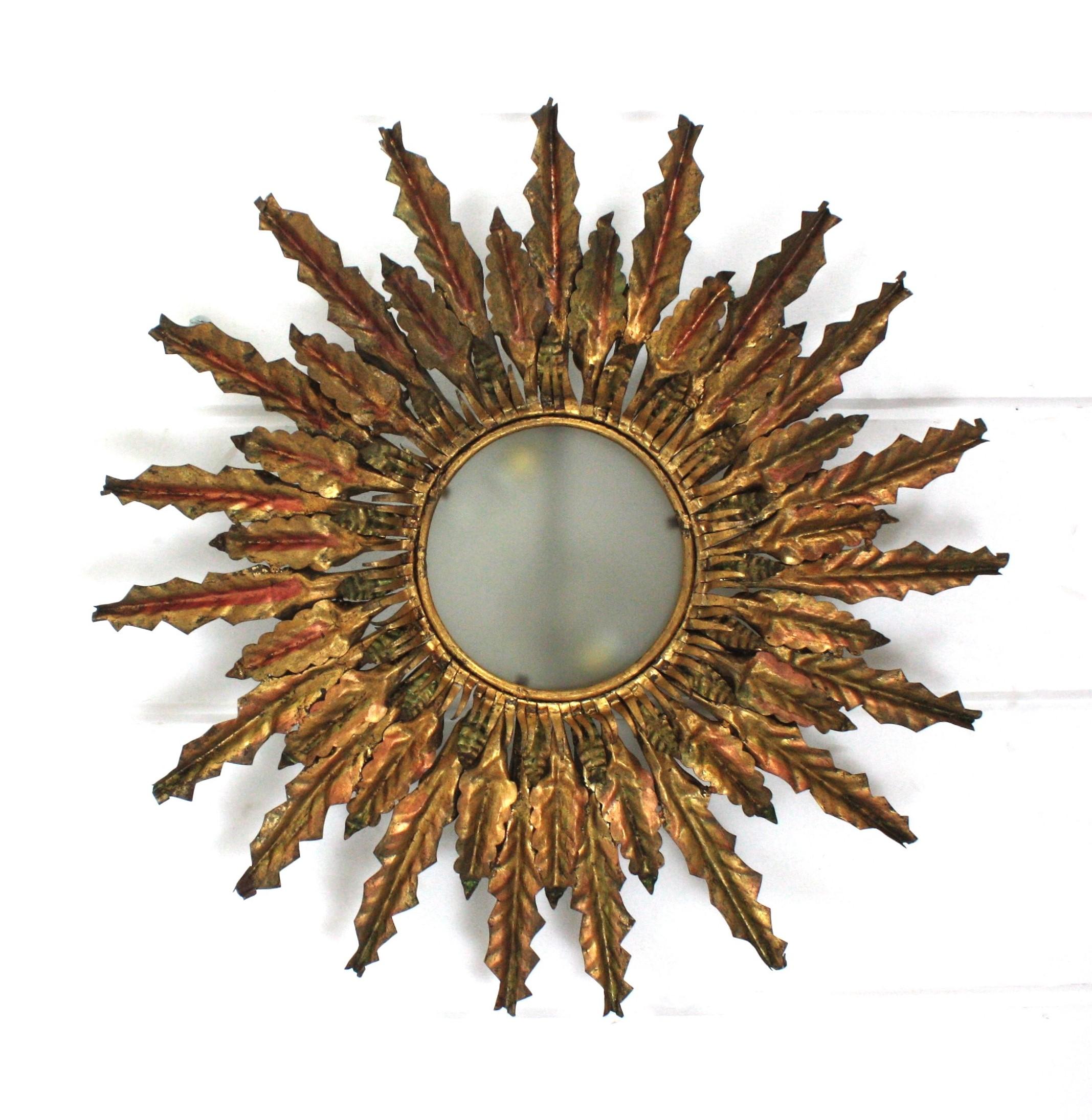 Frosted Sunburst Leafed Flush Mount Light Fixture in Gilt Iron, XXL Size For Sale