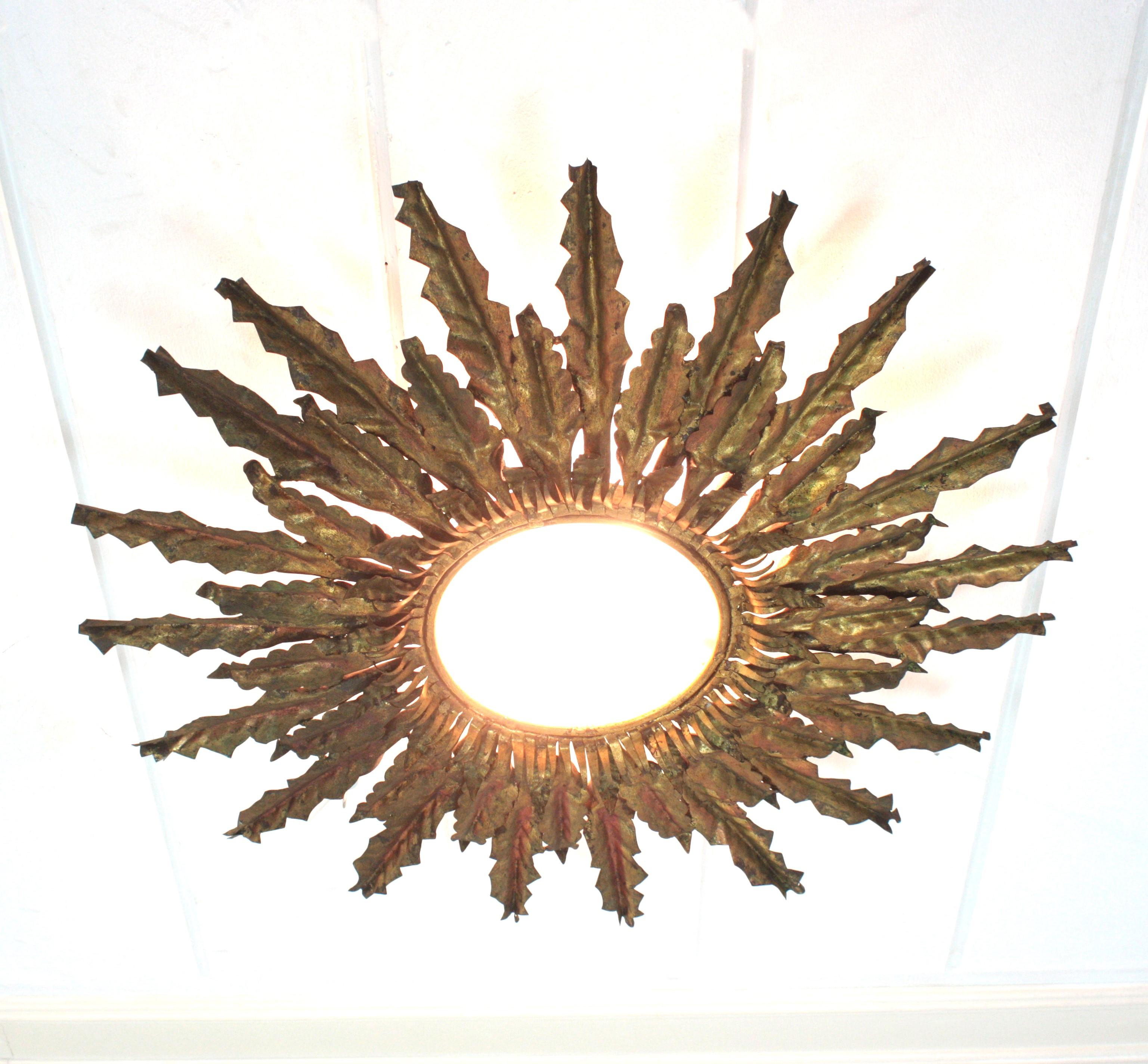 Mirror Sunburst Leafed Flush Mount Light Fixture in Gilt Iron, XXL Size For Sale
