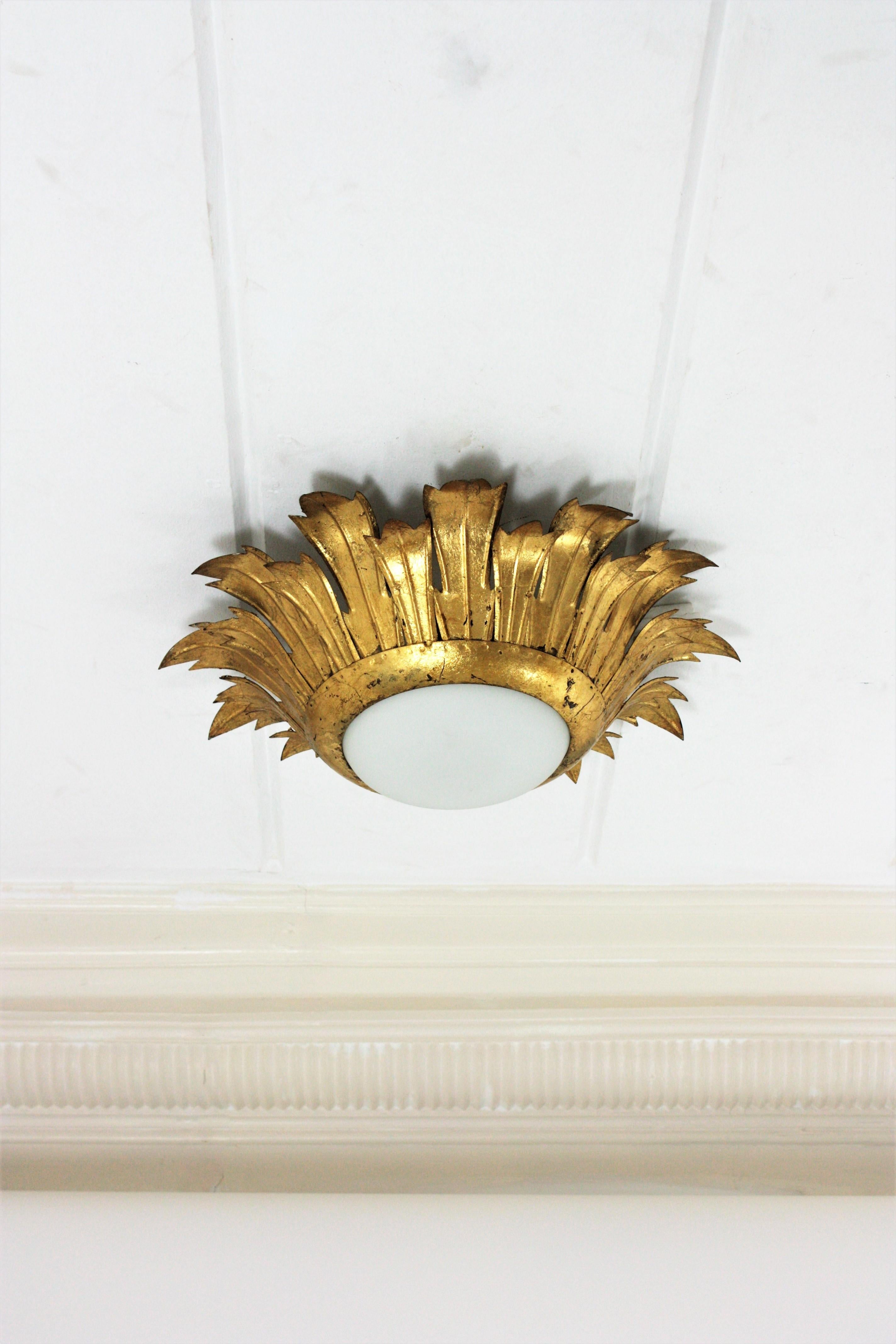 Sunburst Light Fixture in Gilt Iron and Milk Glass, 1950s 3