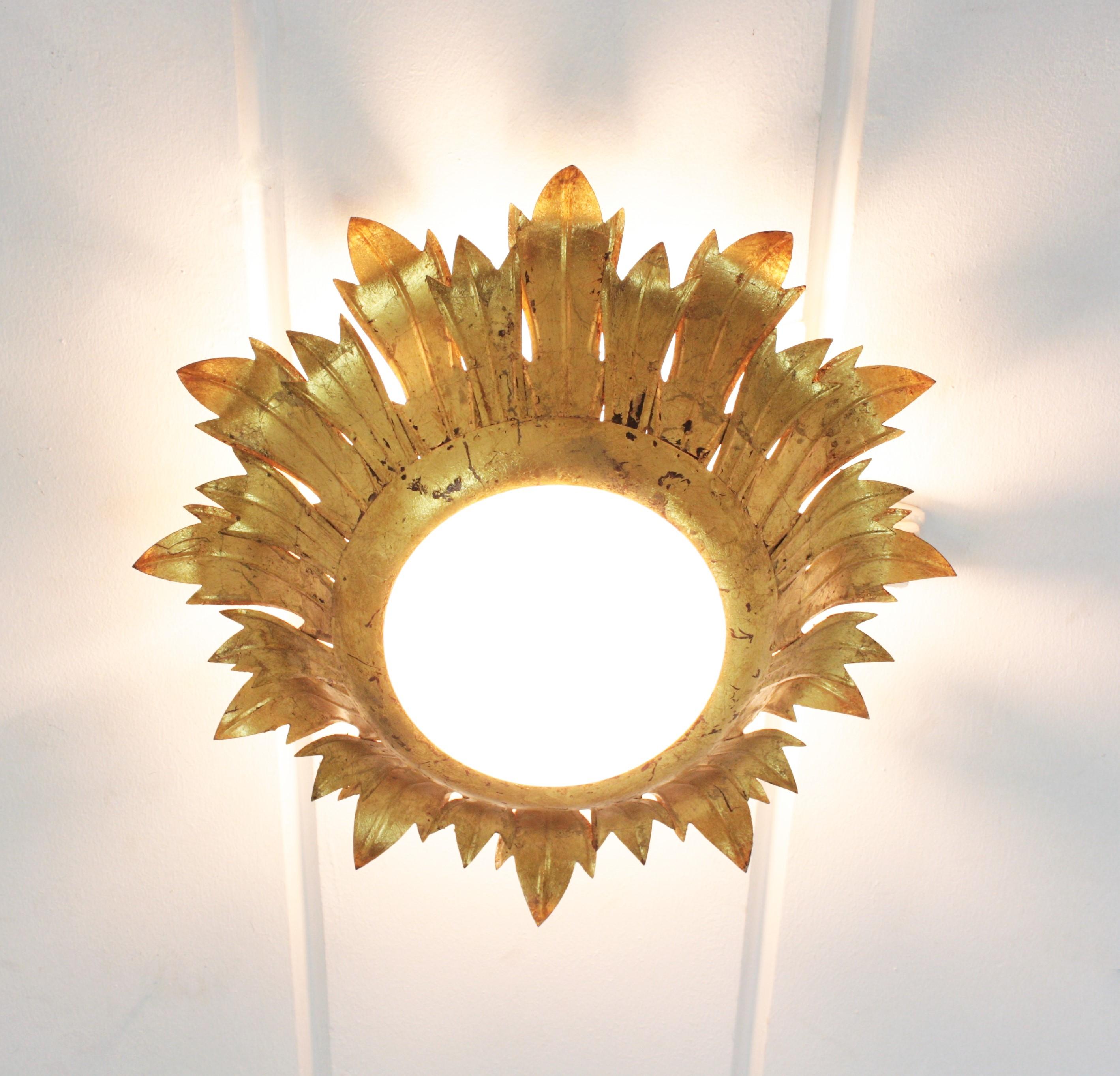 Sunburst Light Fixture in Gilt Iron and Milk Glass, 1950s 5