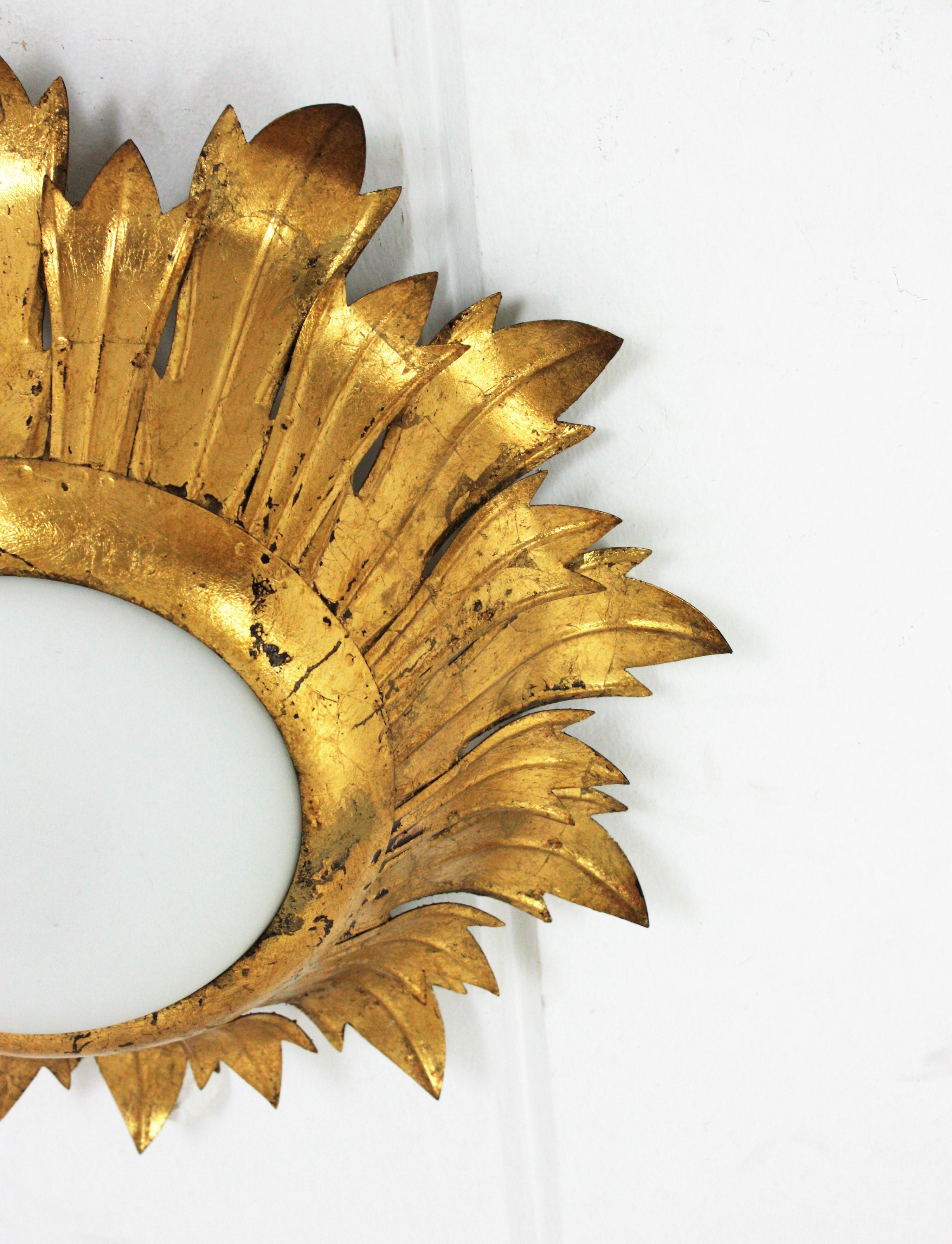 Sunburst Light Fixture in Gilt Iron and Milk Glass, 1950s 7