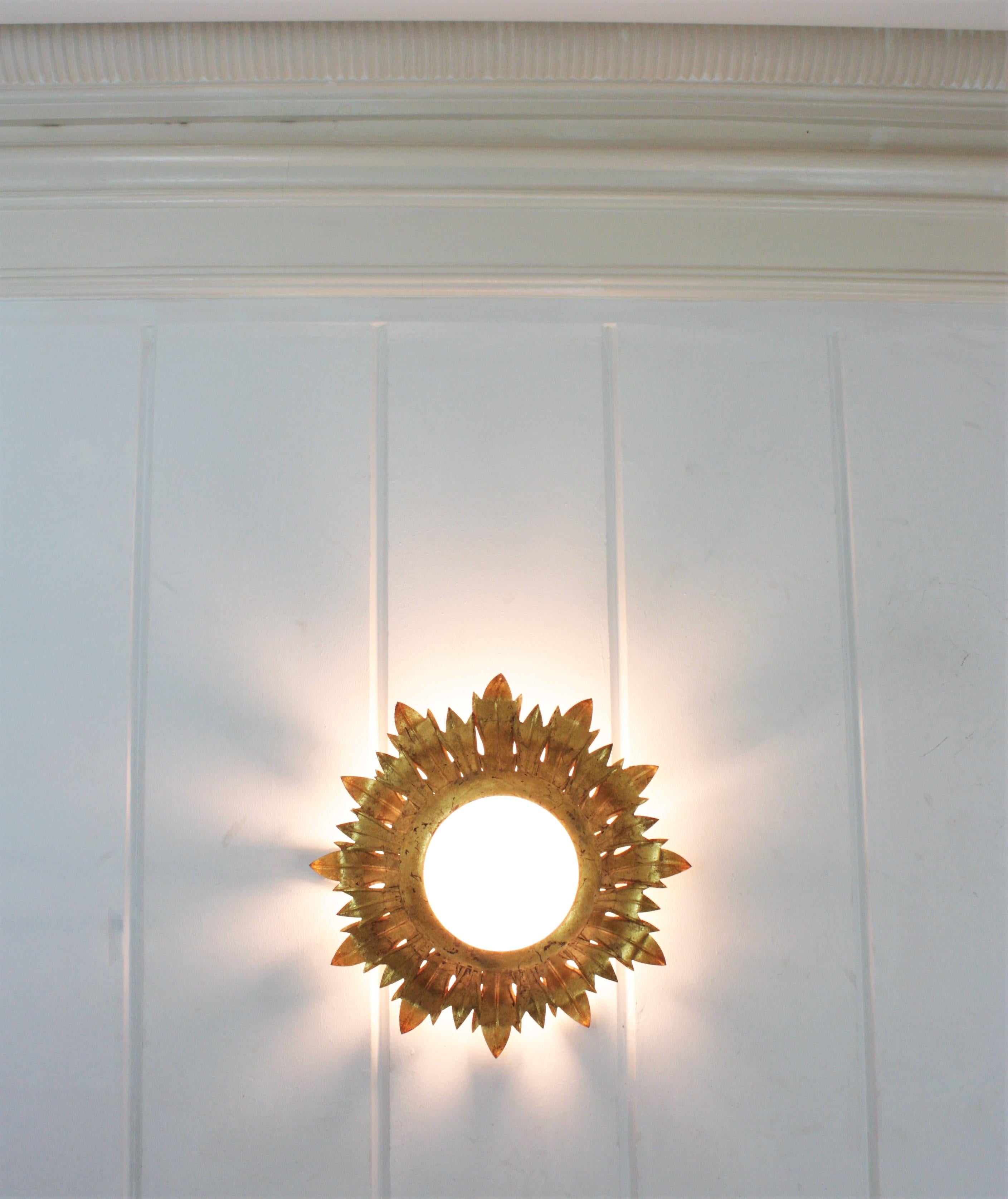 Sunburst Light Fixture in Gilt Iron and Milk Glass, 1950s 8