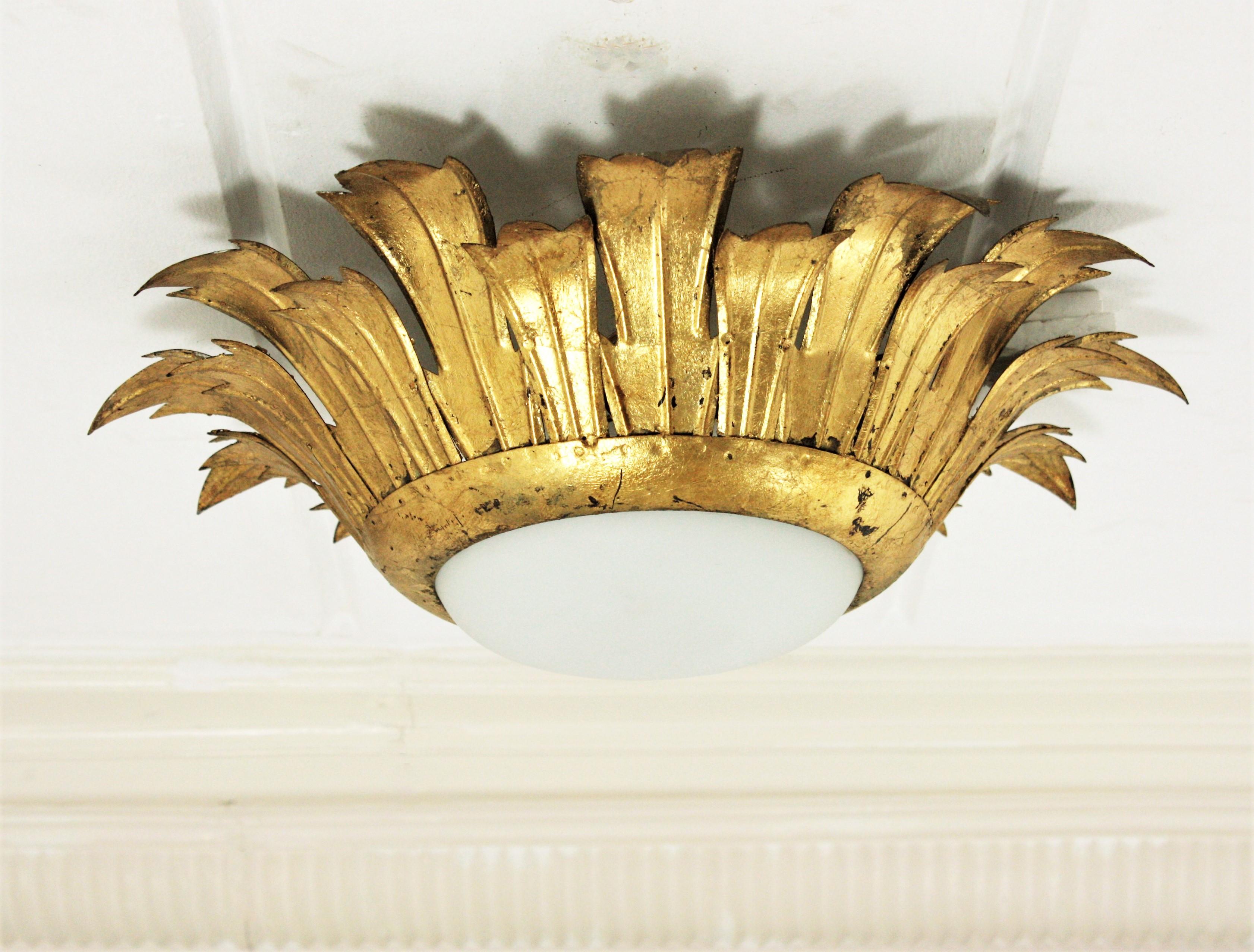 Sunburst Light Fixture in Gilt Iron and Milk Glass, 1950s 1