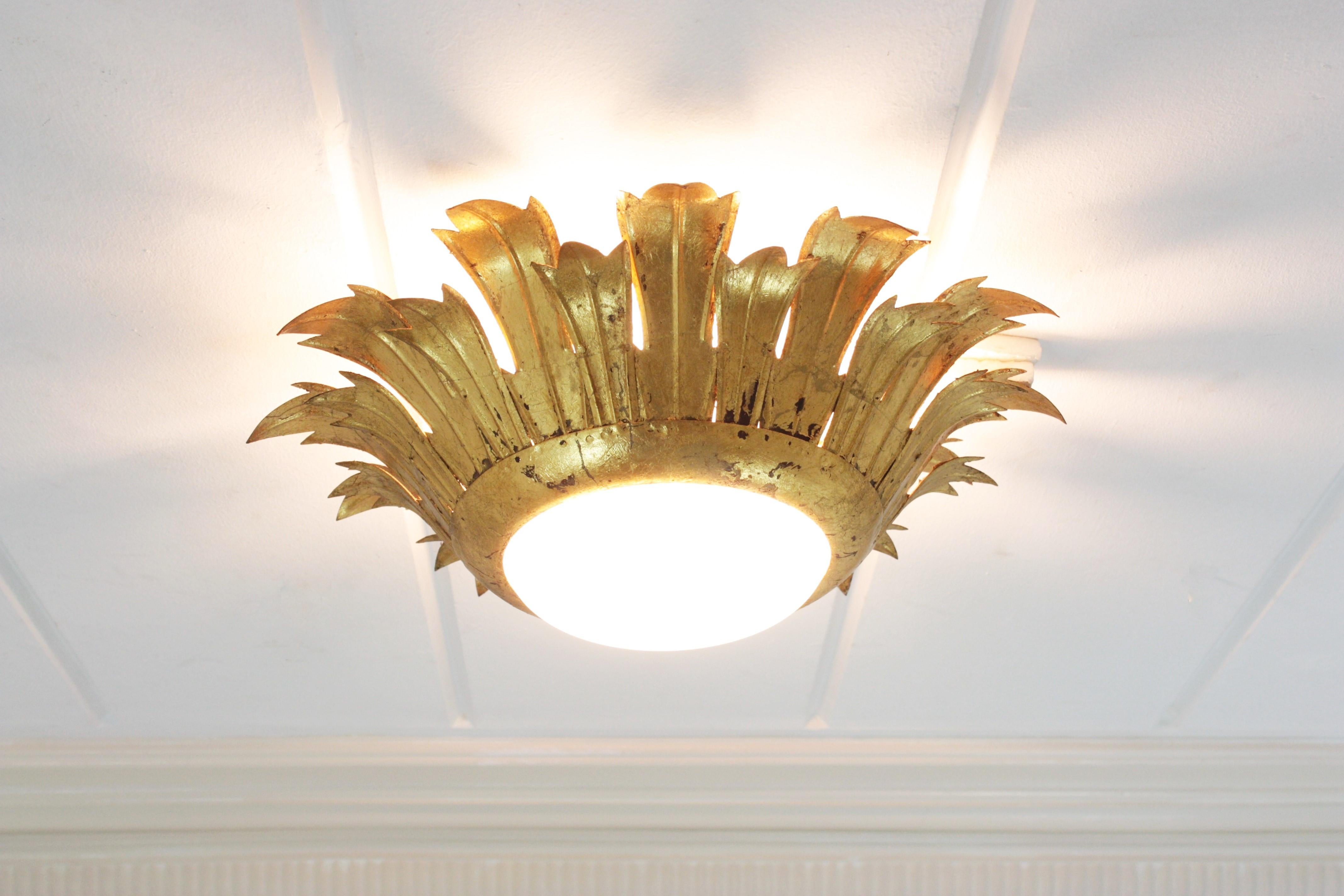 Sunburst Light Fixture in Gilt Iron and Milk Glass, 1950s 2