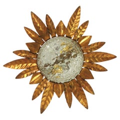 Sunburst Leafed Light Fixture in Gilt Iron and Pressed Glass, Spain 1950