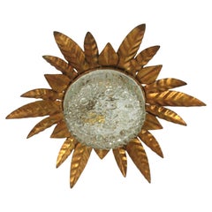 Sunburst Leafed Light Fixture in Gilt Iron and Pressed Glass, Spain 1950