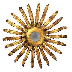 Sunburst Leafed Light Fixture in Gilt Metal, 1960s