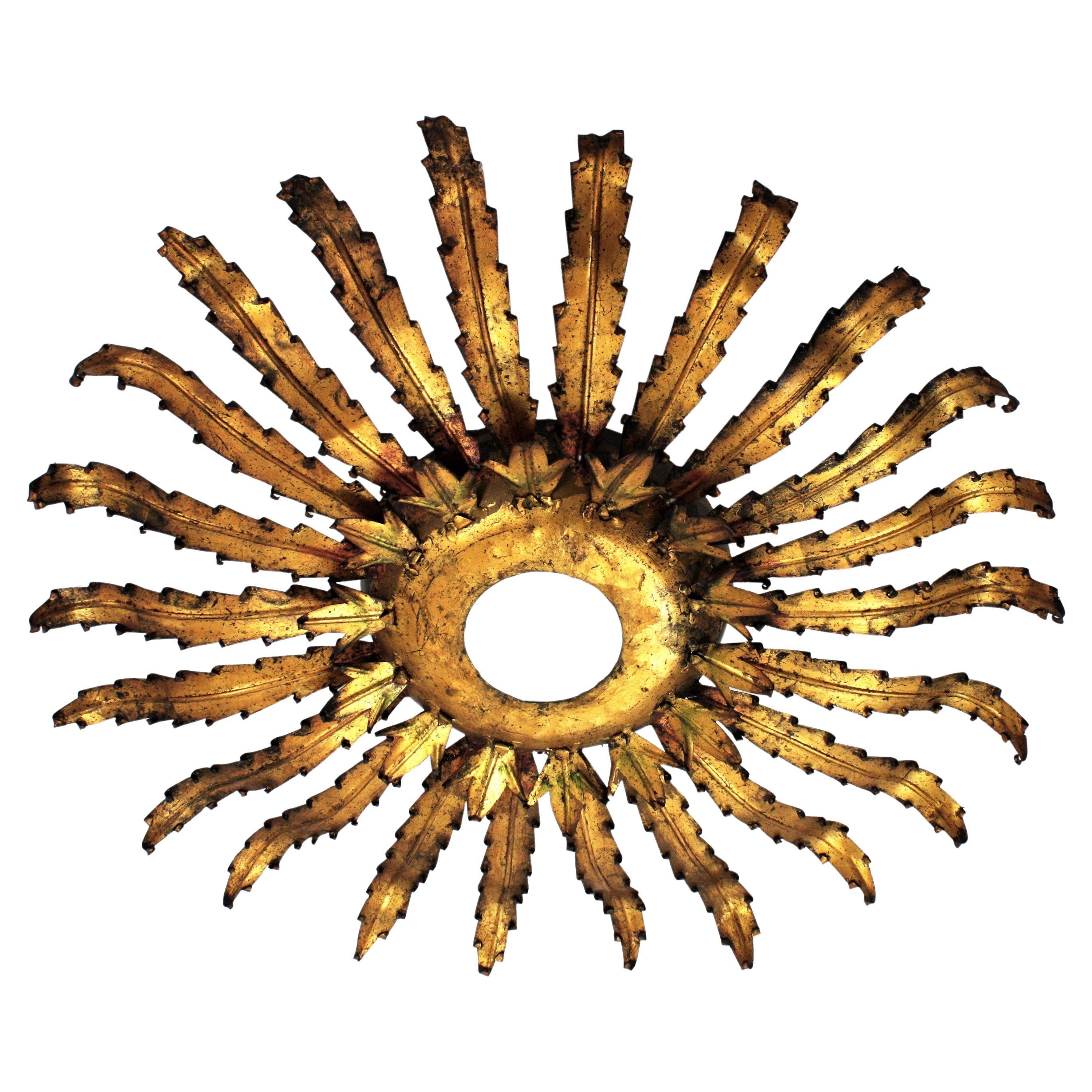 Lámpara de hojas de sol en metal dorado, años 60