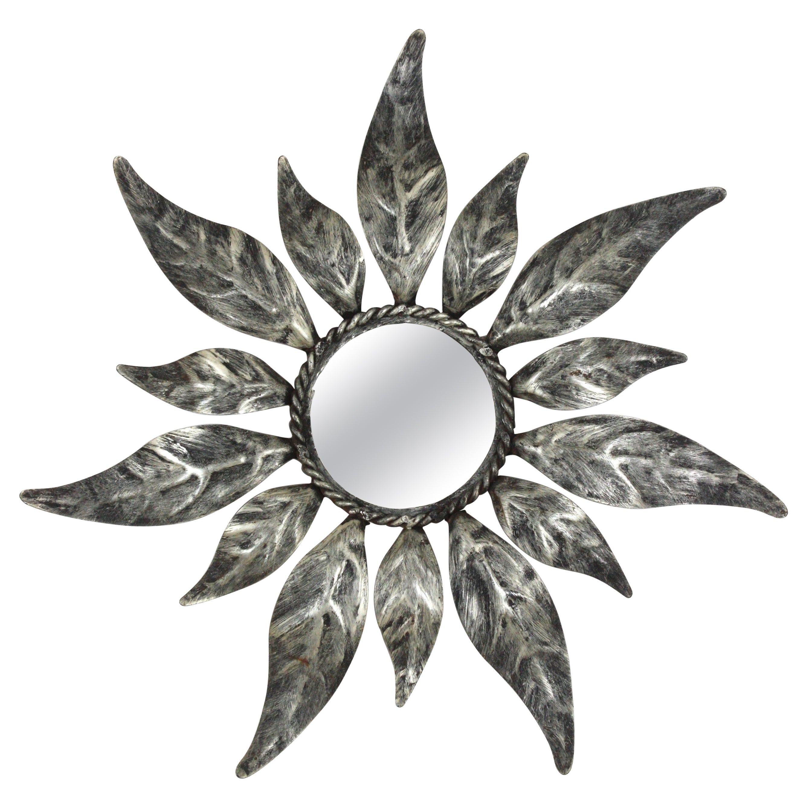 Miroir Sunburst en fer argenté de petite taille, mi-siècle moderne