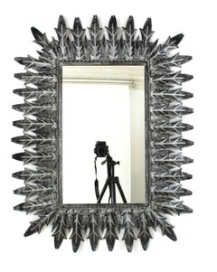 Sunburst Leafed Rectangular Mirror in Silver Patinated Metal, Spain 1950s