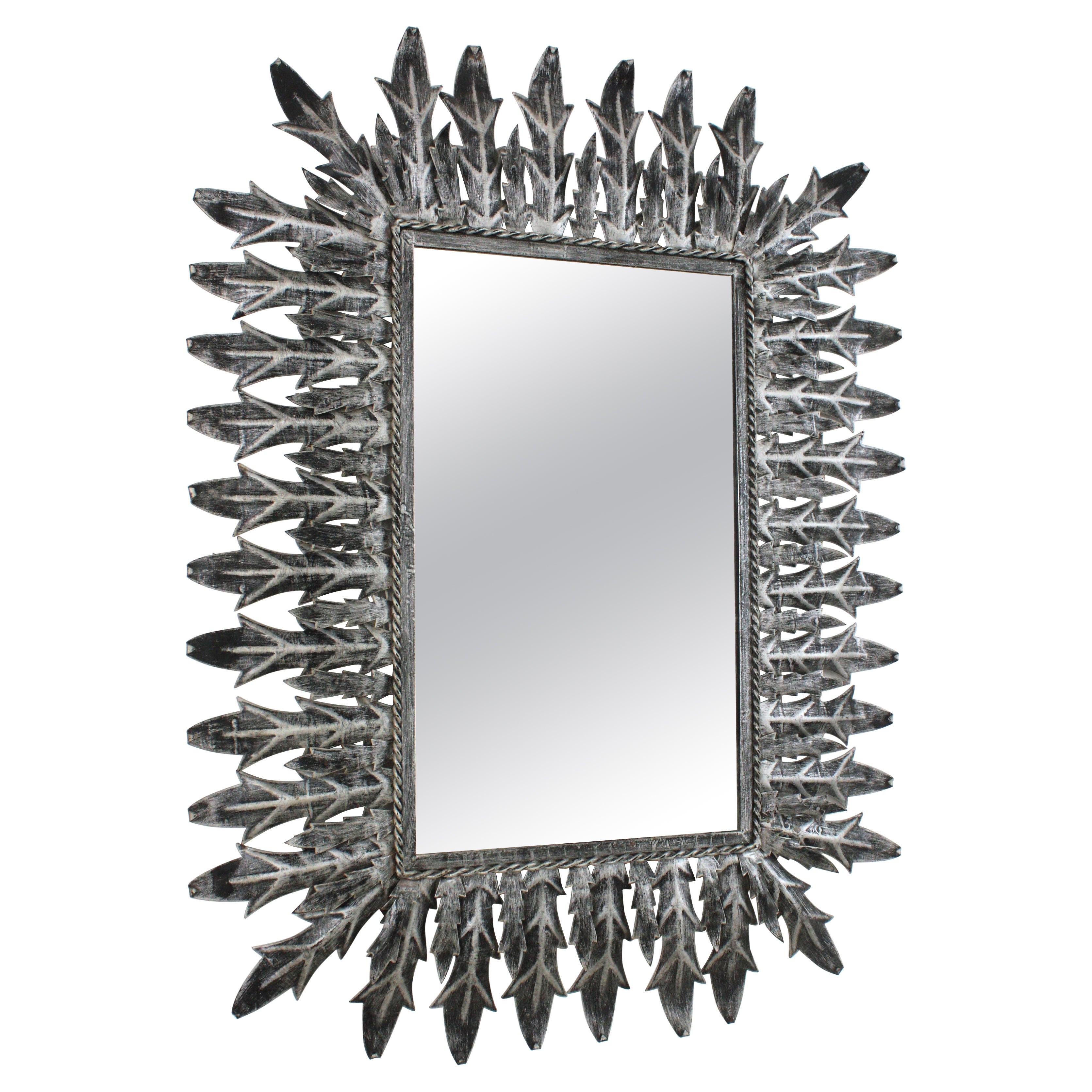 Sunburst Leafed Rectangular Mirror in Silver Patinated Metal, Spain 1950s