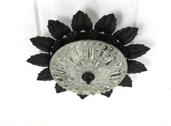 Sunburst Leaves Ceiling Light Fixture in Black Painted Iron and Glass, 1950