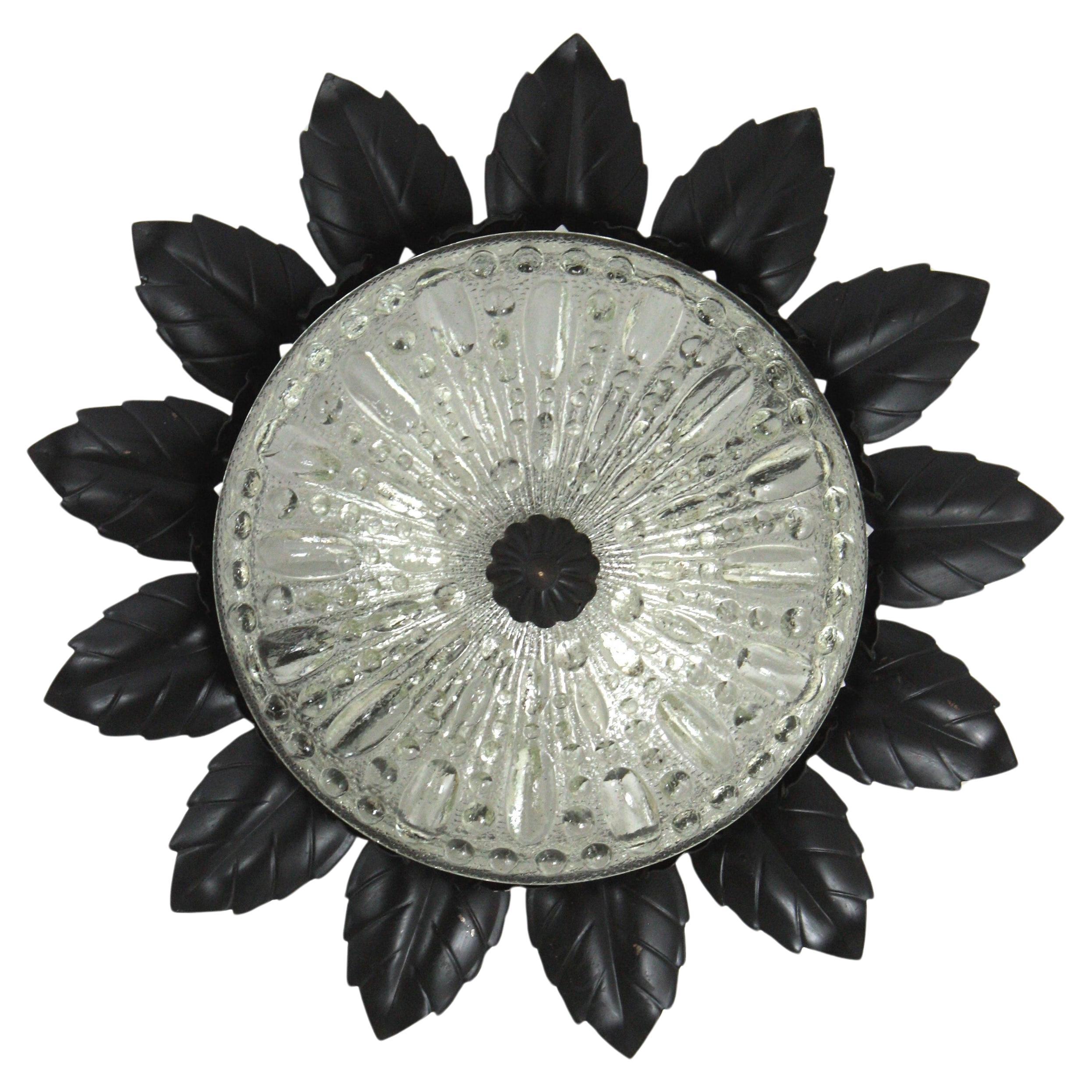 Sunburst Leaves Ceiling Light Fixture in Black Painted Iron and Glass, 1950 For Sale