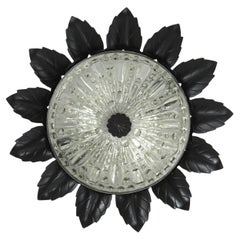 Sunburst Leaves Ceiling Light Fixture in Black Painted Iron and Glass, 1950