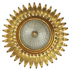 Sunburst Leaves Flush Mount Light Fixture in Gilt Iron and Glass, Spain 1950's