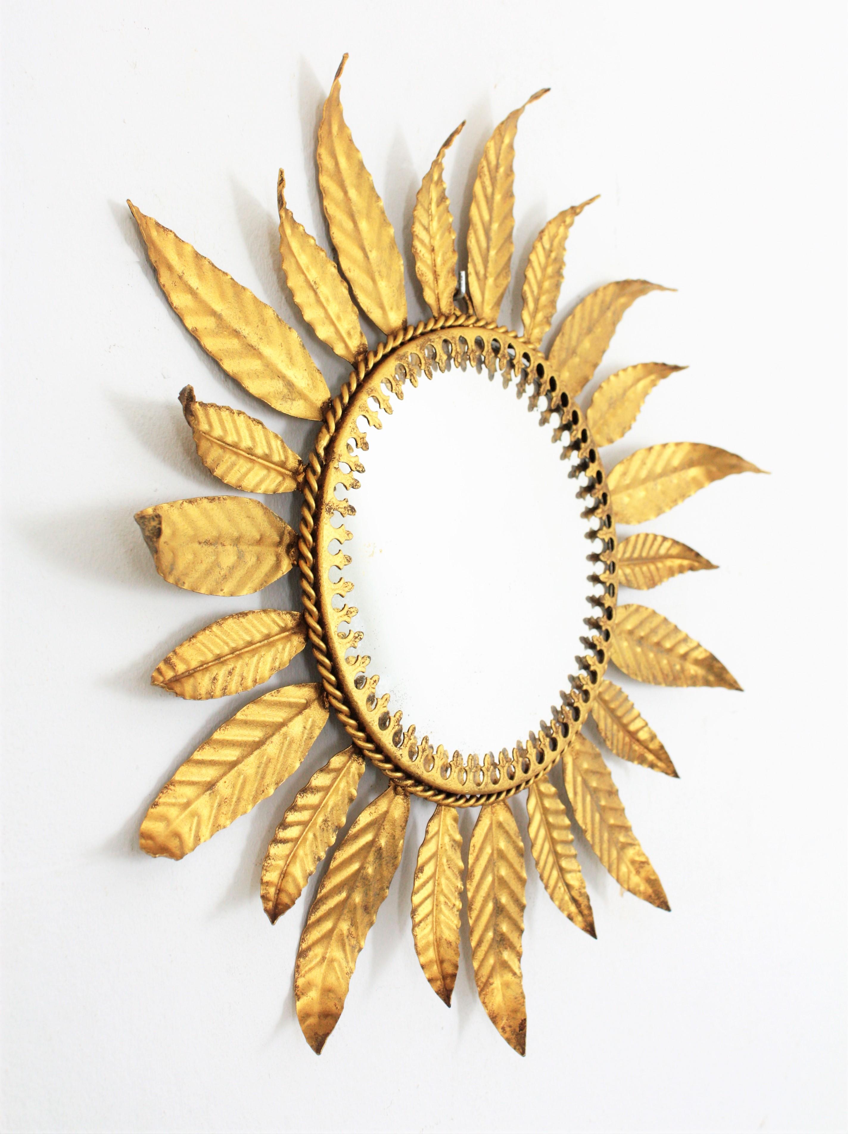 Spanish Sunburst Leaves Gilt Metal Mirror, Spain, 1960s