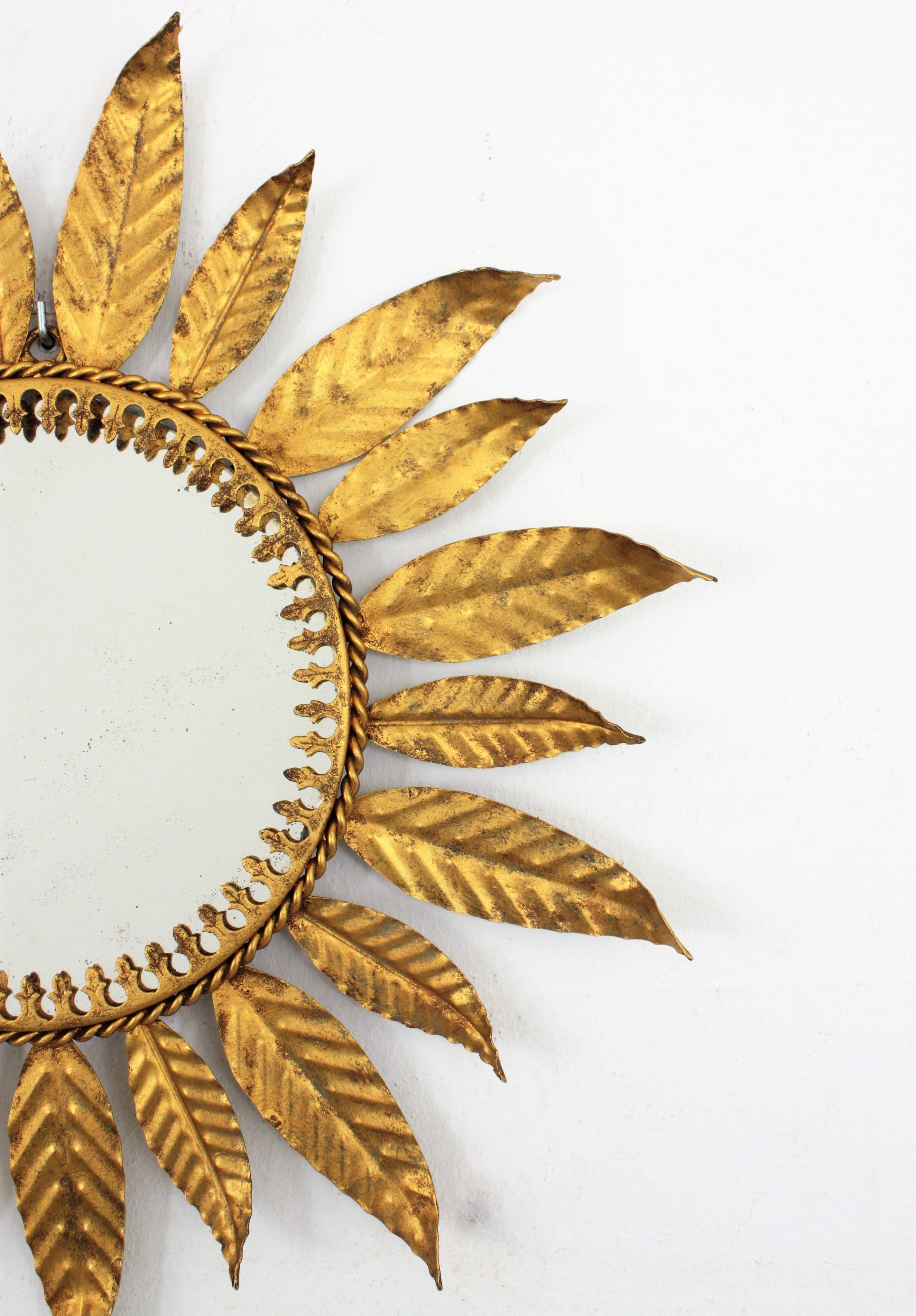Mid-20th Century Sunburst Leaves Gilt Metal Mirror, Spain, 1960s