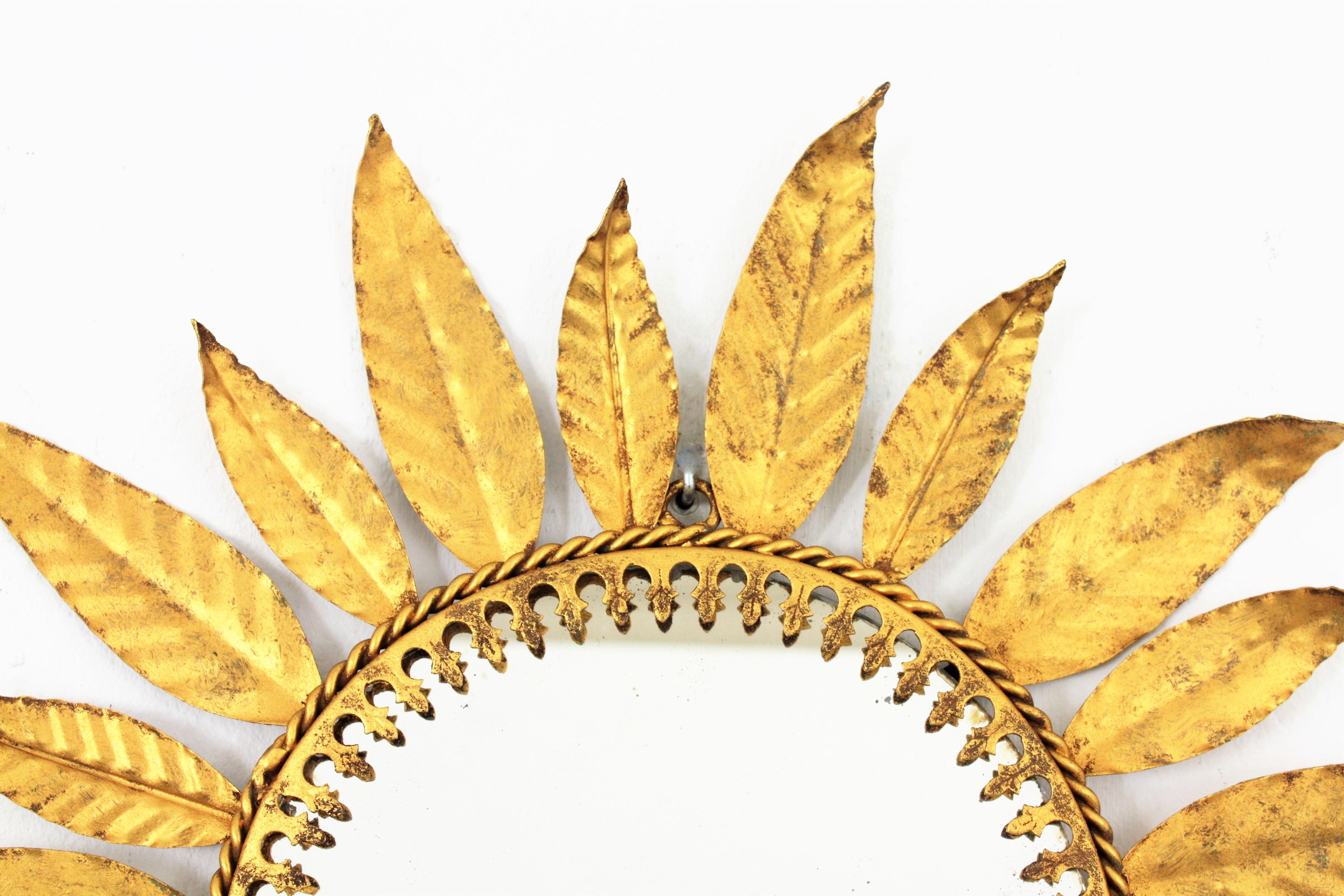 Iron Sunburst Leaves Gilt Metal Mirror, Spain, 1960s