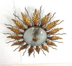 Sunburst Light Fixture / Flush Mount in Gilt Wrought Iron and Cracked Glass