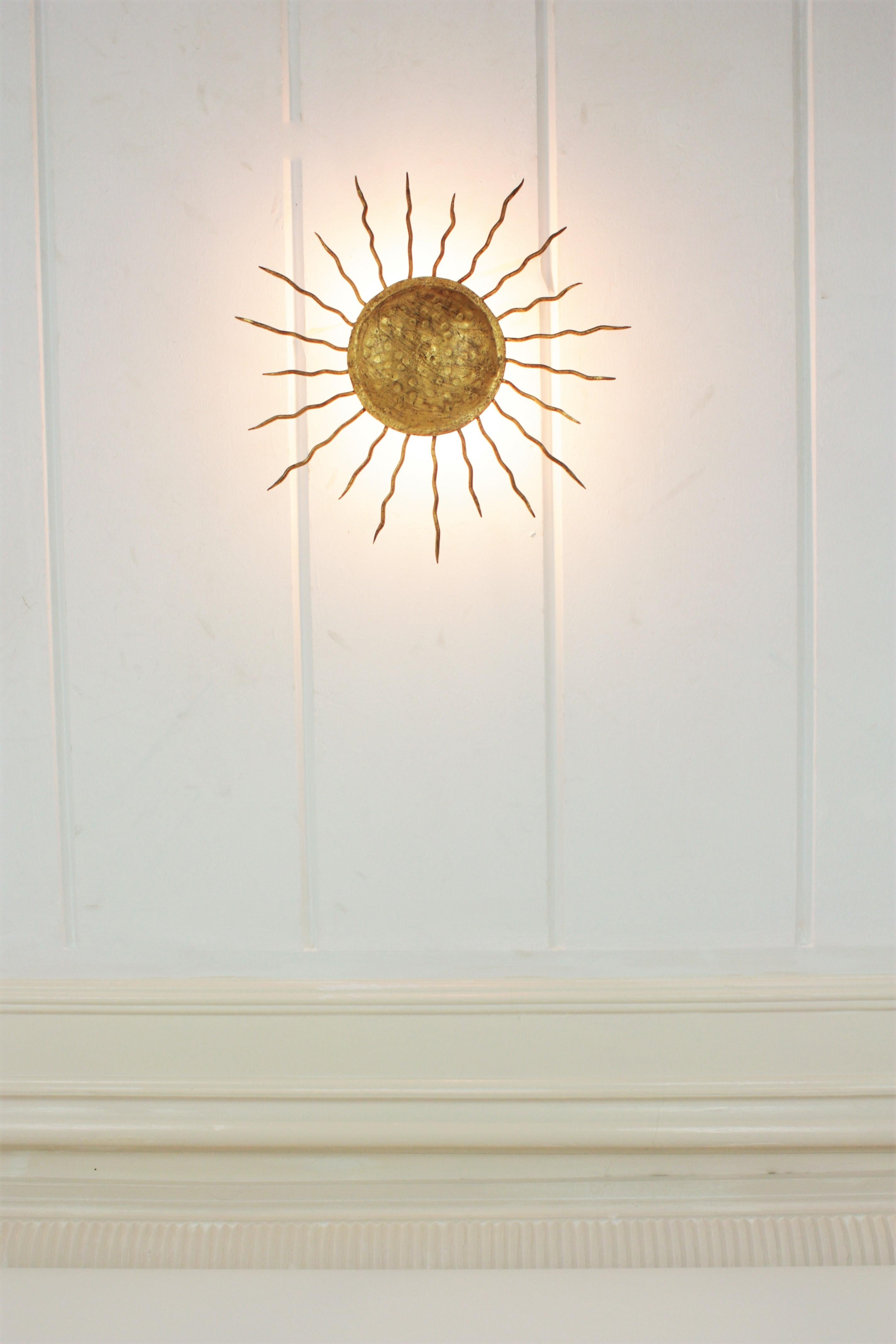 Sunburst Light Fixture / Flush Mount / Wall Light in Gilt Wrought Iron For Sale 8