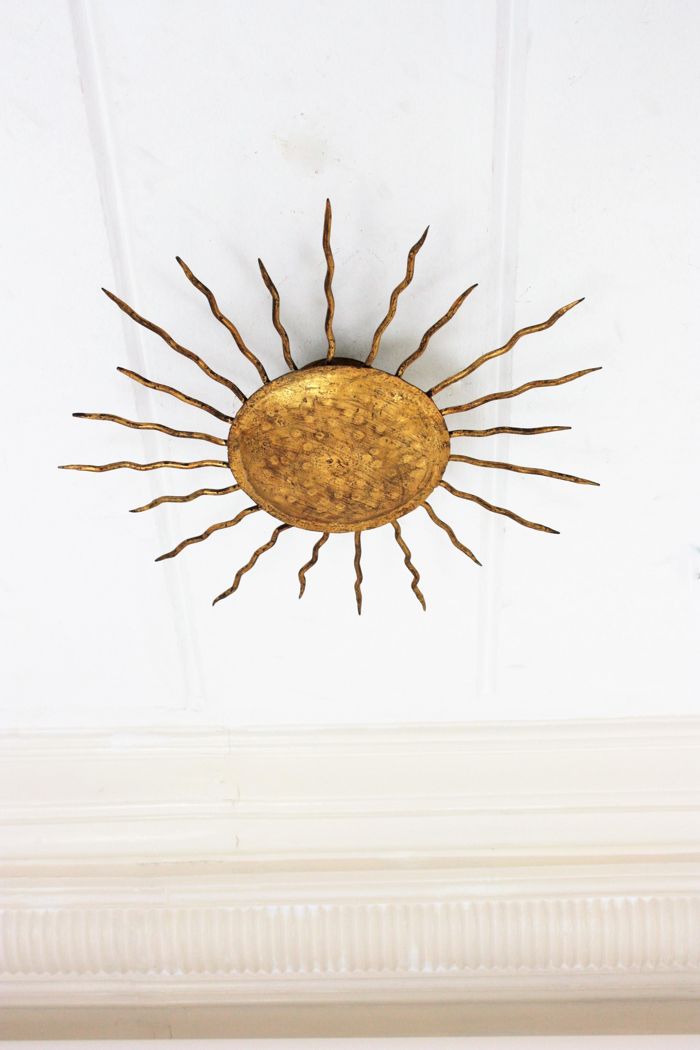 Brutalist Sunburst Light Fixture / Flush Mount / Wall Light in Gilt Wrought Iron For Sale