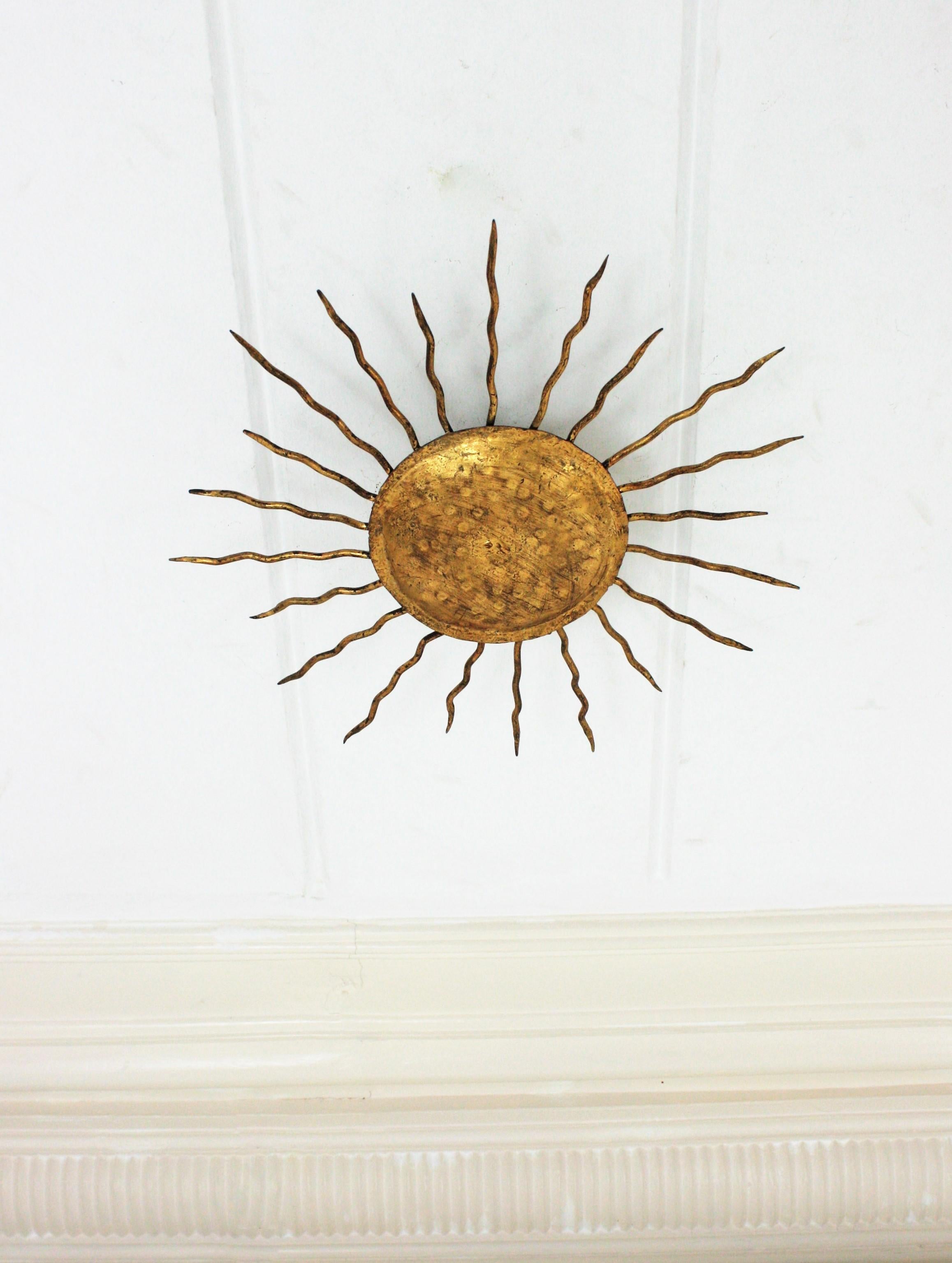 20th Century Sunburst Light Fixture / Flush Mount / Wall Light in Gilt Wrought Iron For Sale