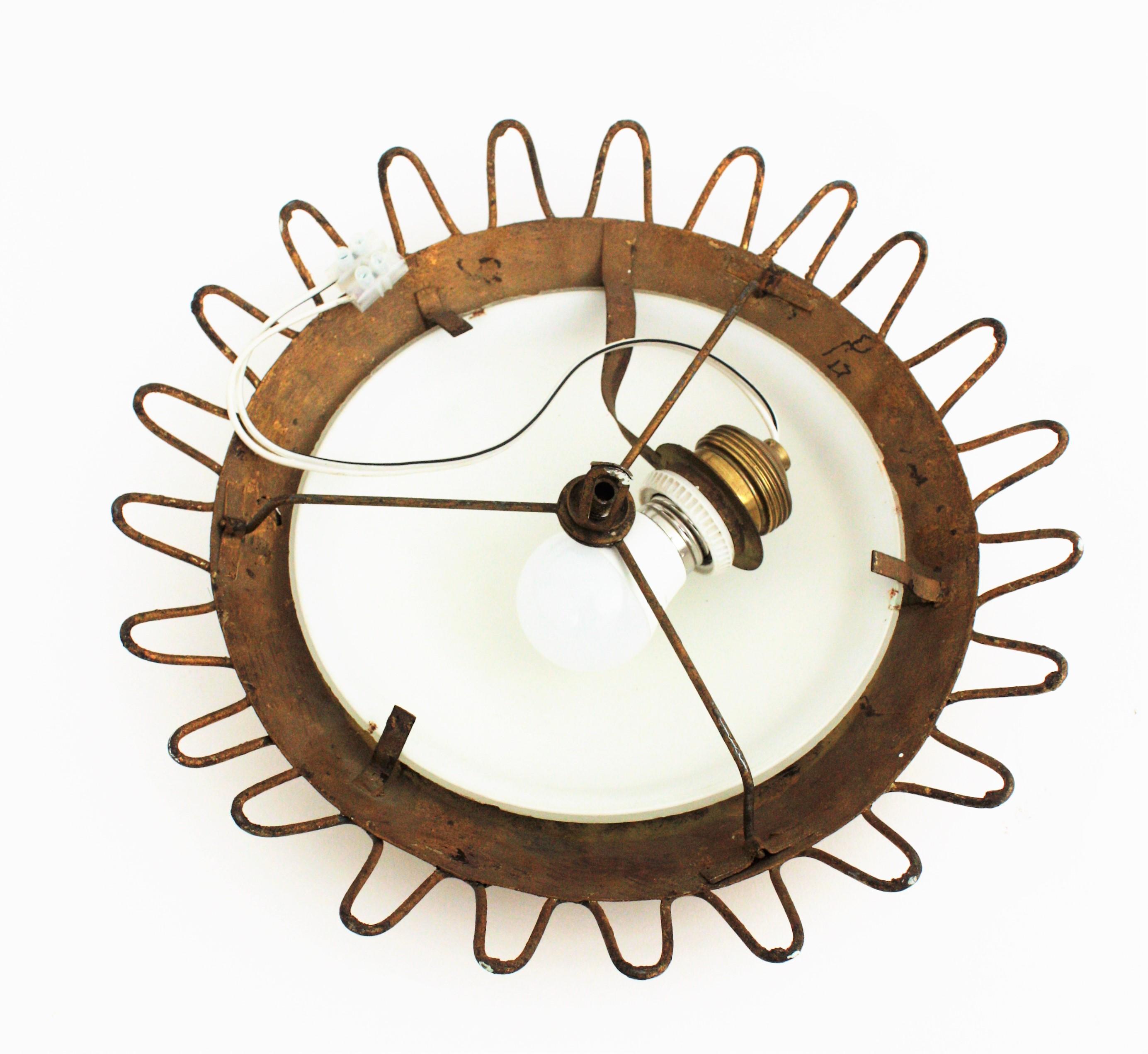 Sunburst Light Fixture in Gilt Iron and Milk Glass, 1950s 3