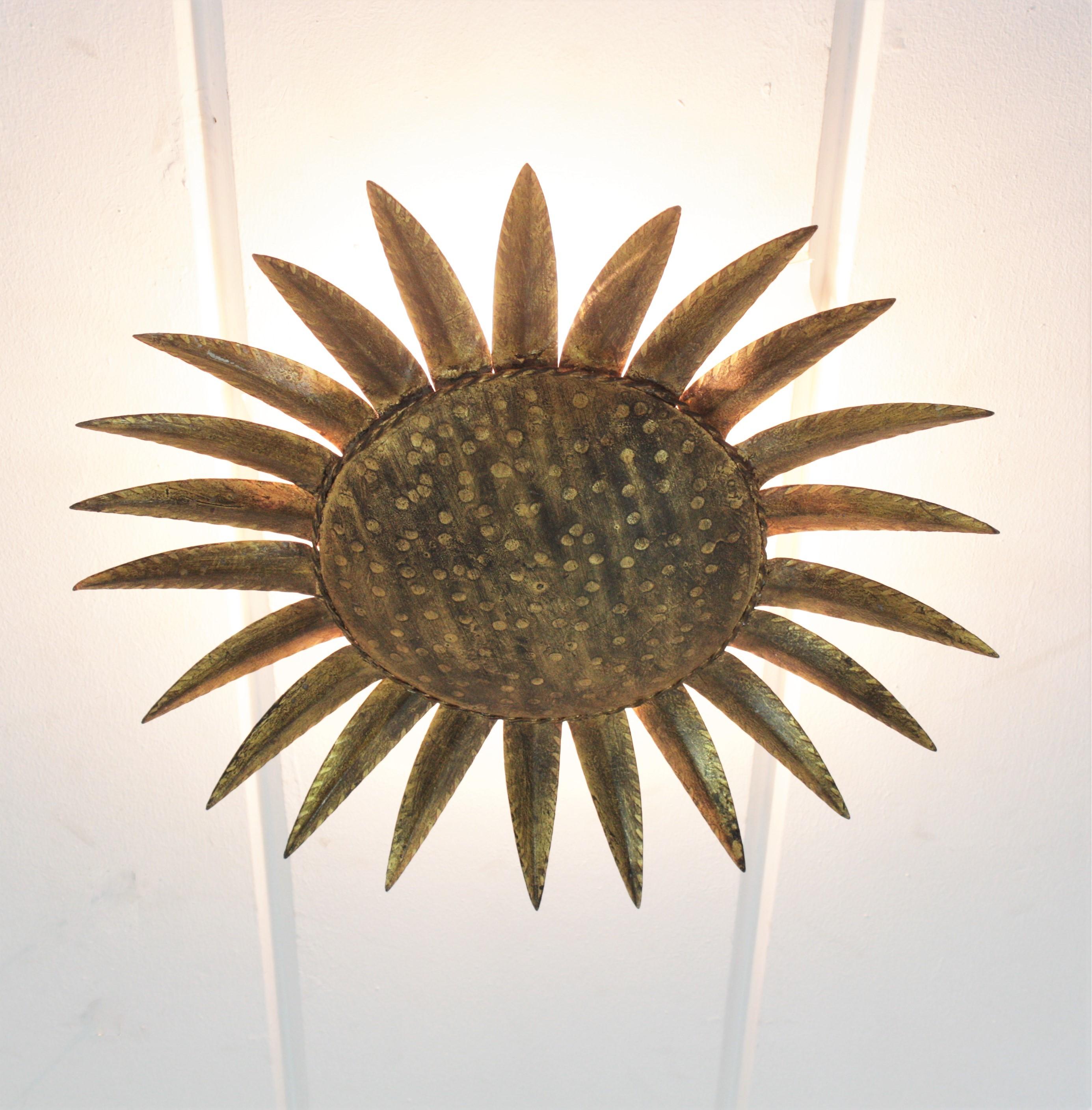 Sunburst Light Fixture in Gilt Iron by Ferro Art, 1950s 4