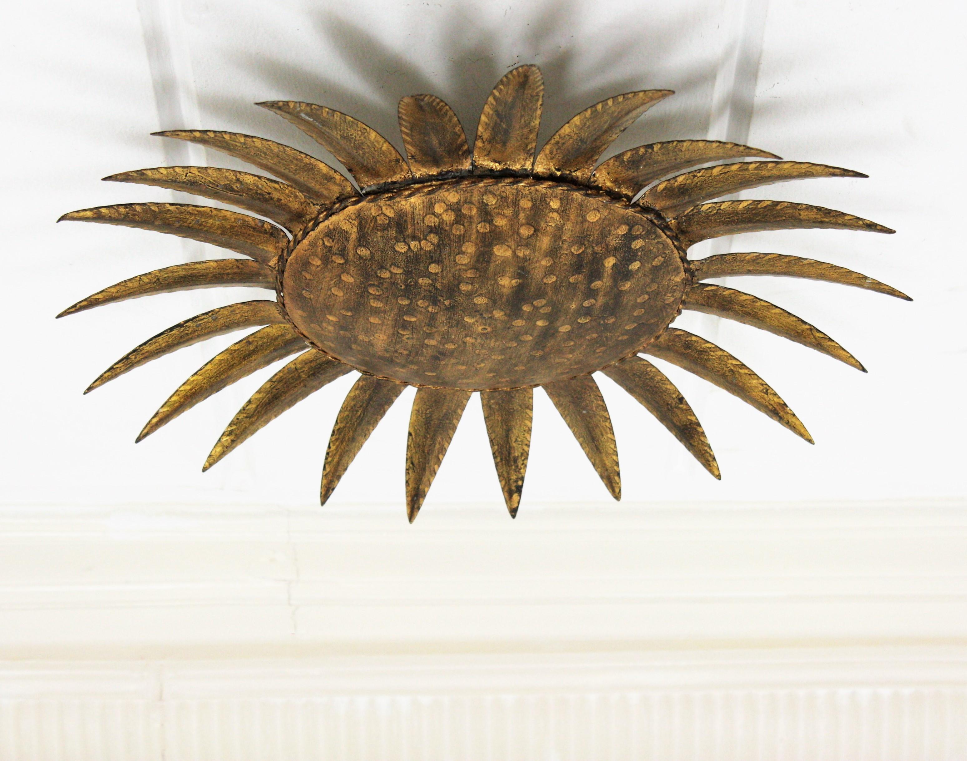 Sunburst Light Fixture in Gilt Iron by Ferro Art, 1950s 6