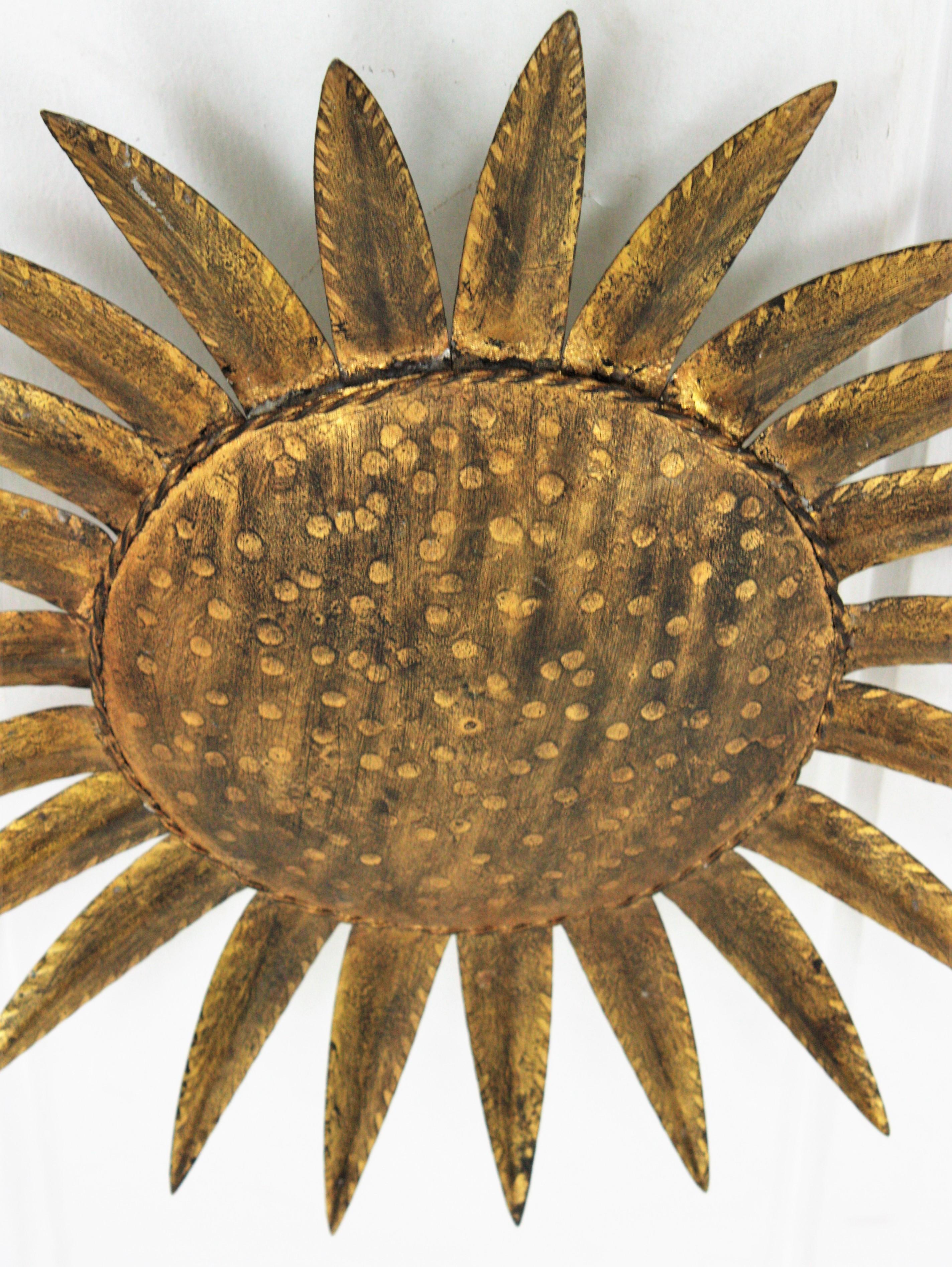 Sunburst Light Fixture in Gilt Iron by Ferro Art, 1950s 7