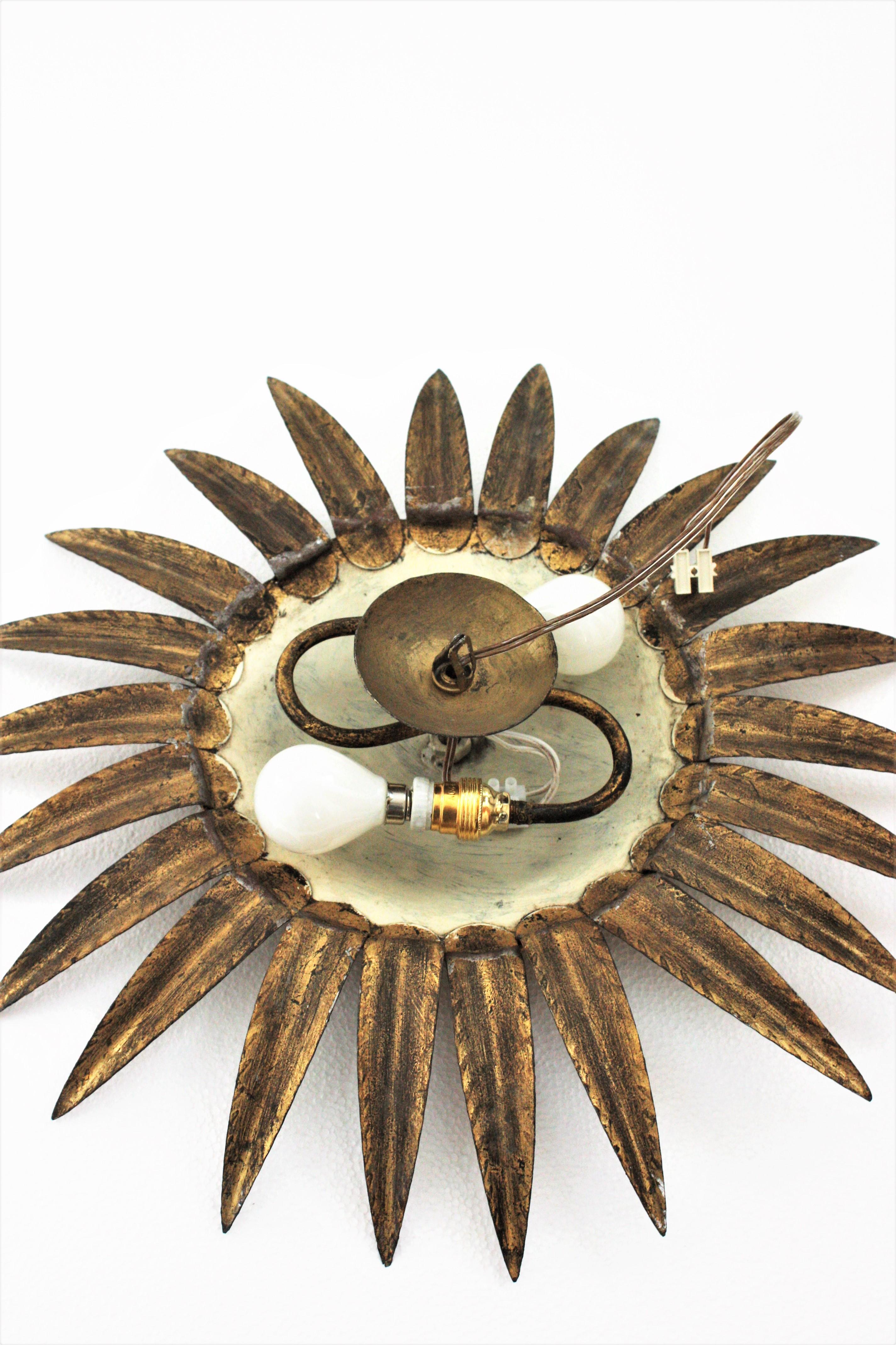 Sunburst Light Fixture in Gilt Iron by Ferro Art, 1950s 10