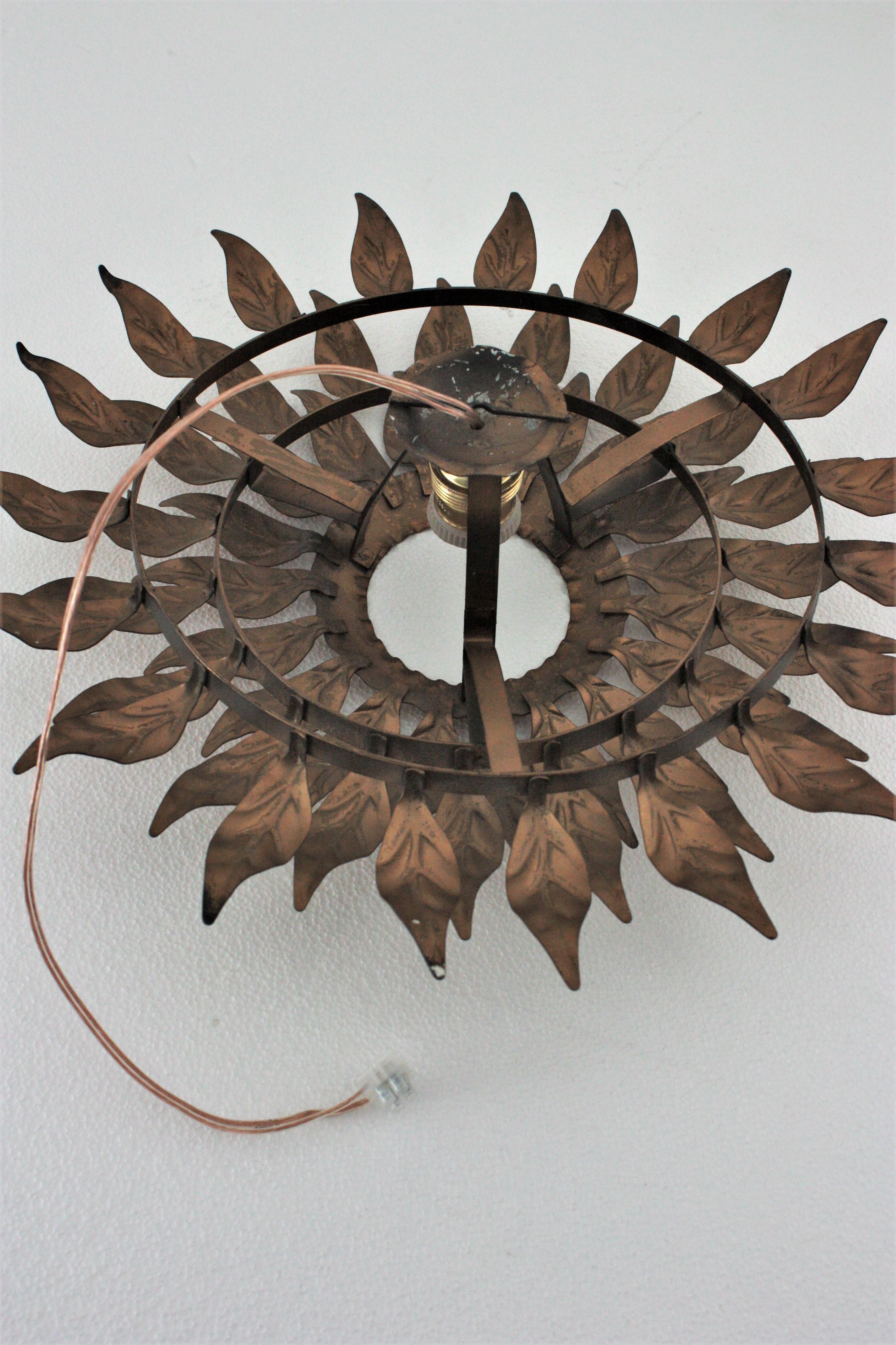 Sunburst Flower Leafed Light Fixture in Gilt Metal For Sale 7