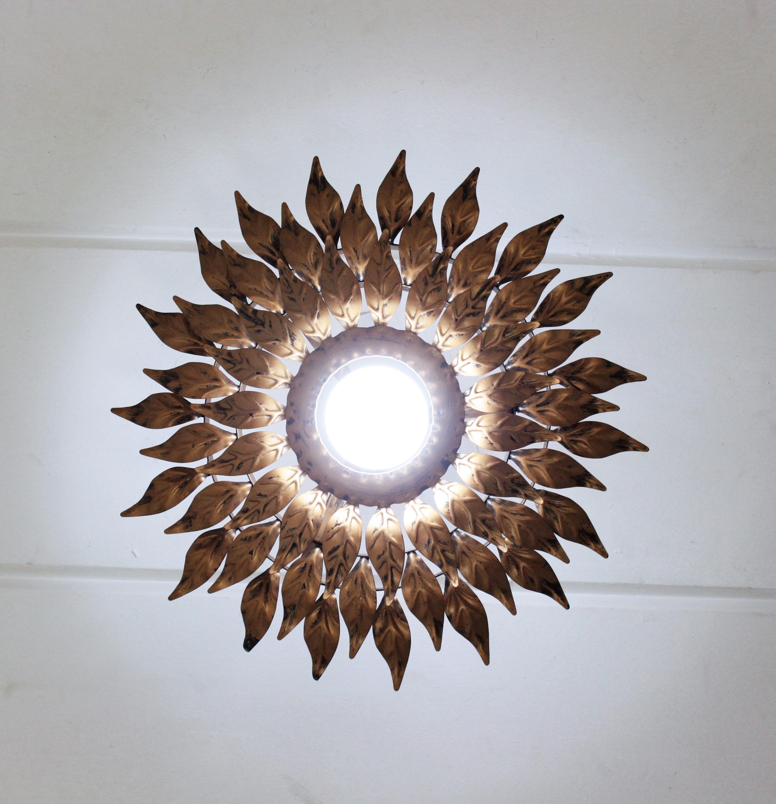 Sunburst Flower Leafed Light Fixture in Gilt Metal For Sale 8