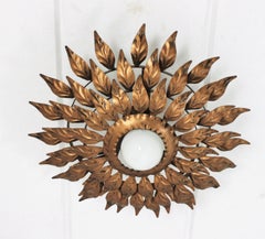 Sunburst Flower Leafed Light Fixture in Gilt Metal