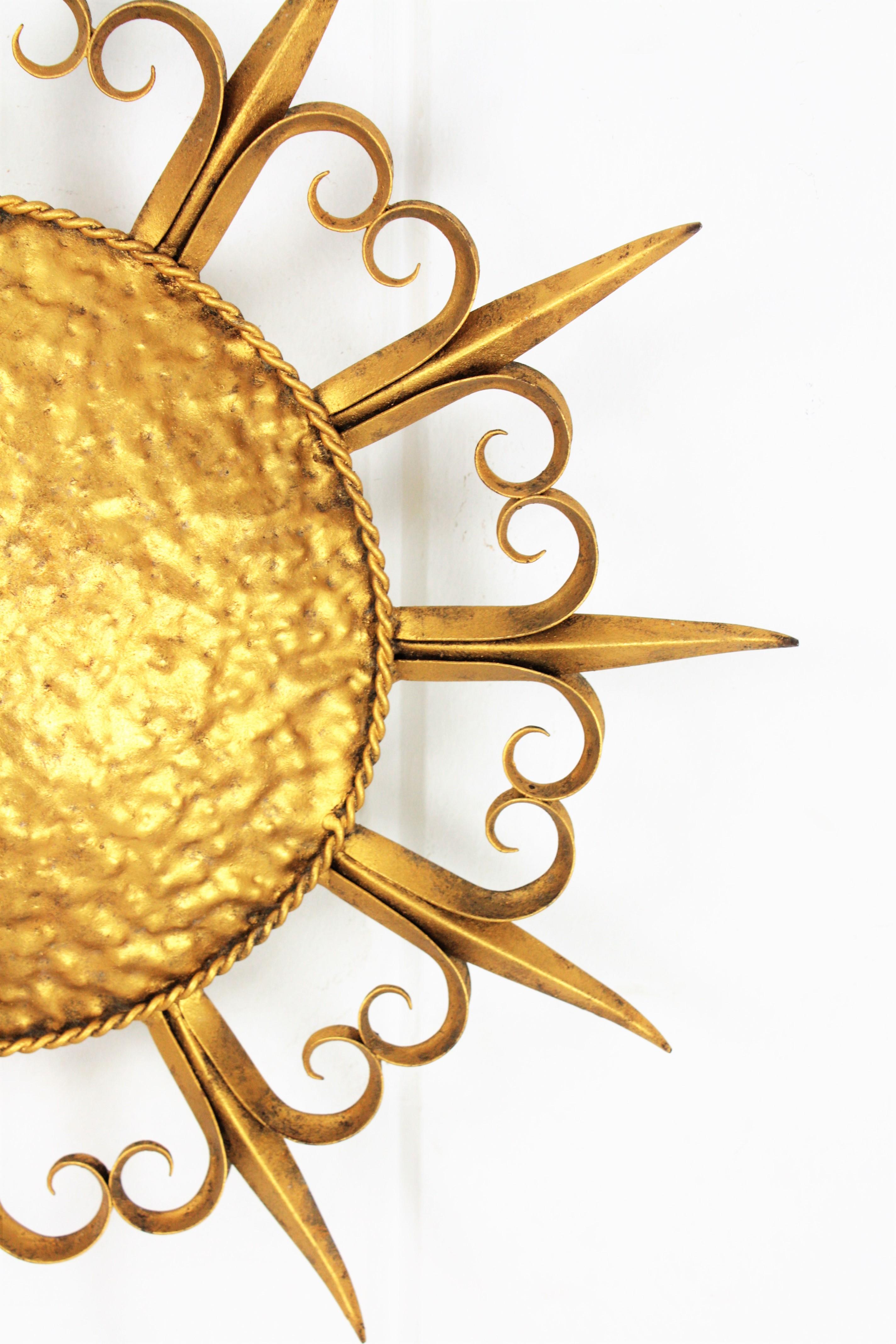 Sunburst Light Fixture in Gilt Wrought Iron 4