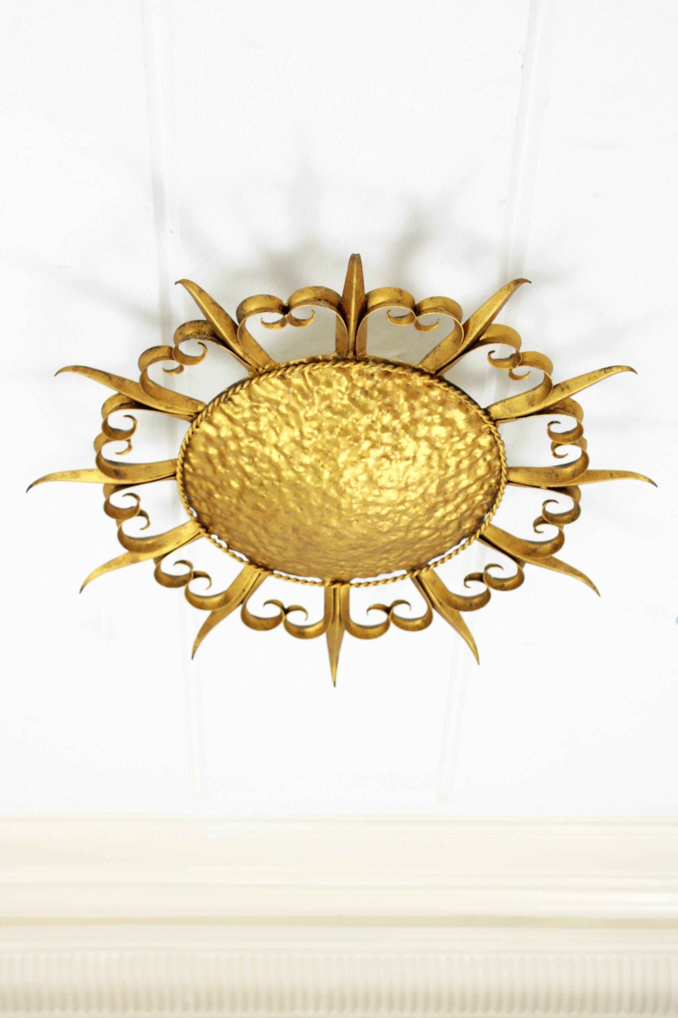 Sunburst Light Fixture in Gilt Wrought Iron 2