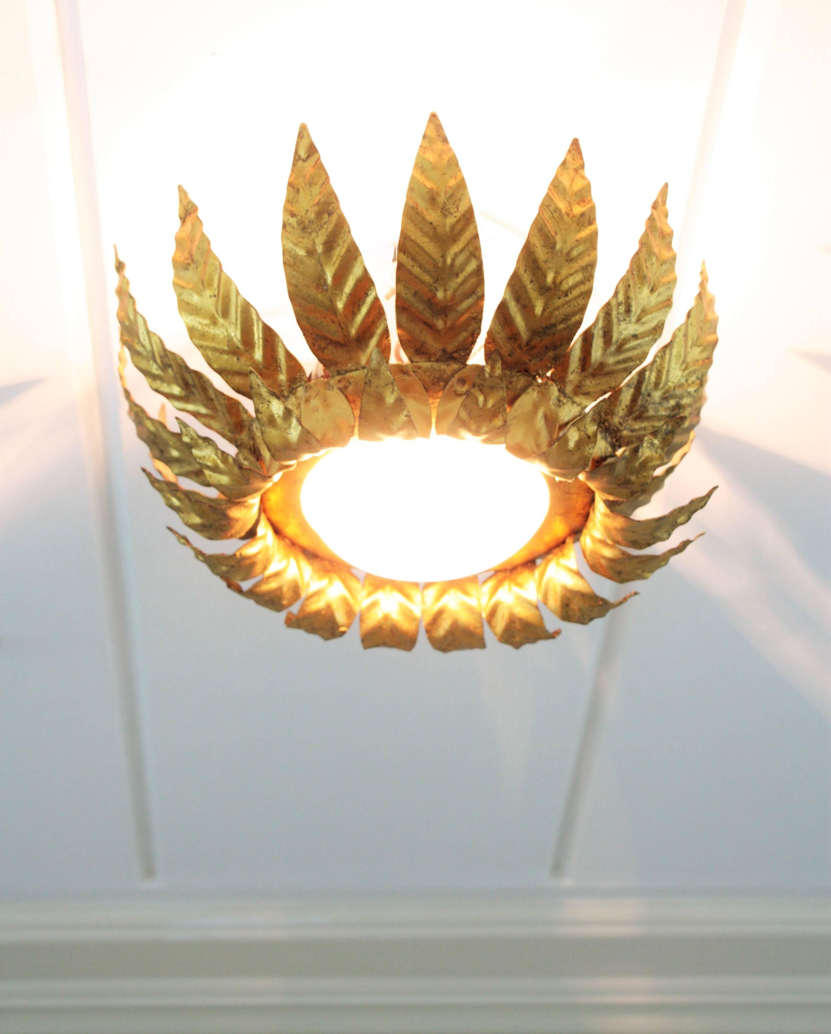 Sunburst Light Fixture in Gold Leaf Gilt Iron and Milk Glass For Sale 2