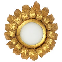 Flower Sunburst Ceiling Light Fixture, Gold Leaf Gilt Iron & Milk Glass, 1950s