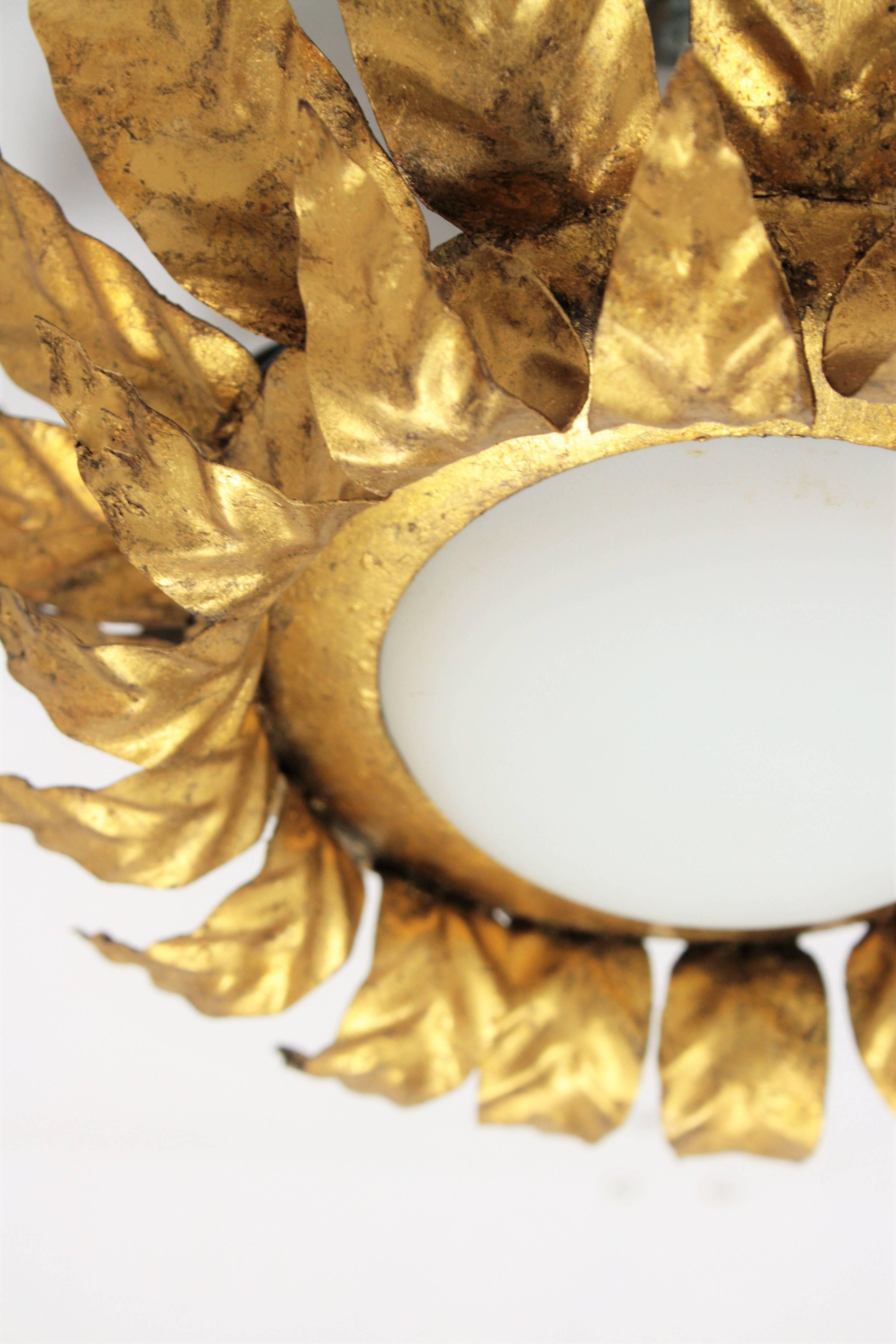 Mid-Century Modern Sunburst Light Fixture in Gold Leaf Gilt Iron and Milk Glass For Sale