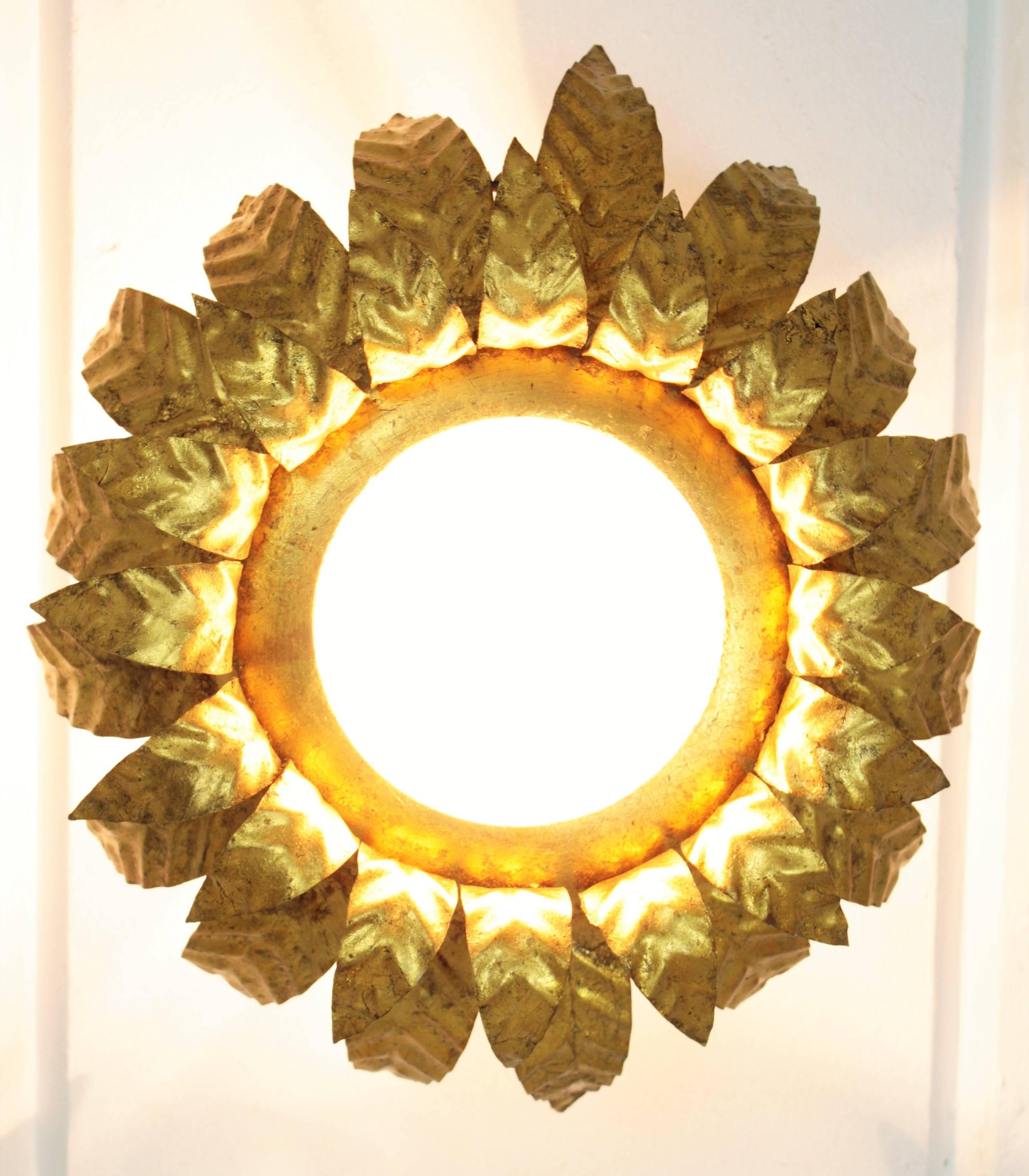 Sunburst Light Fixture in Gold Leaf Gilt Iron and Milk Glass In Good Condition For Sale In Barcelona, ES