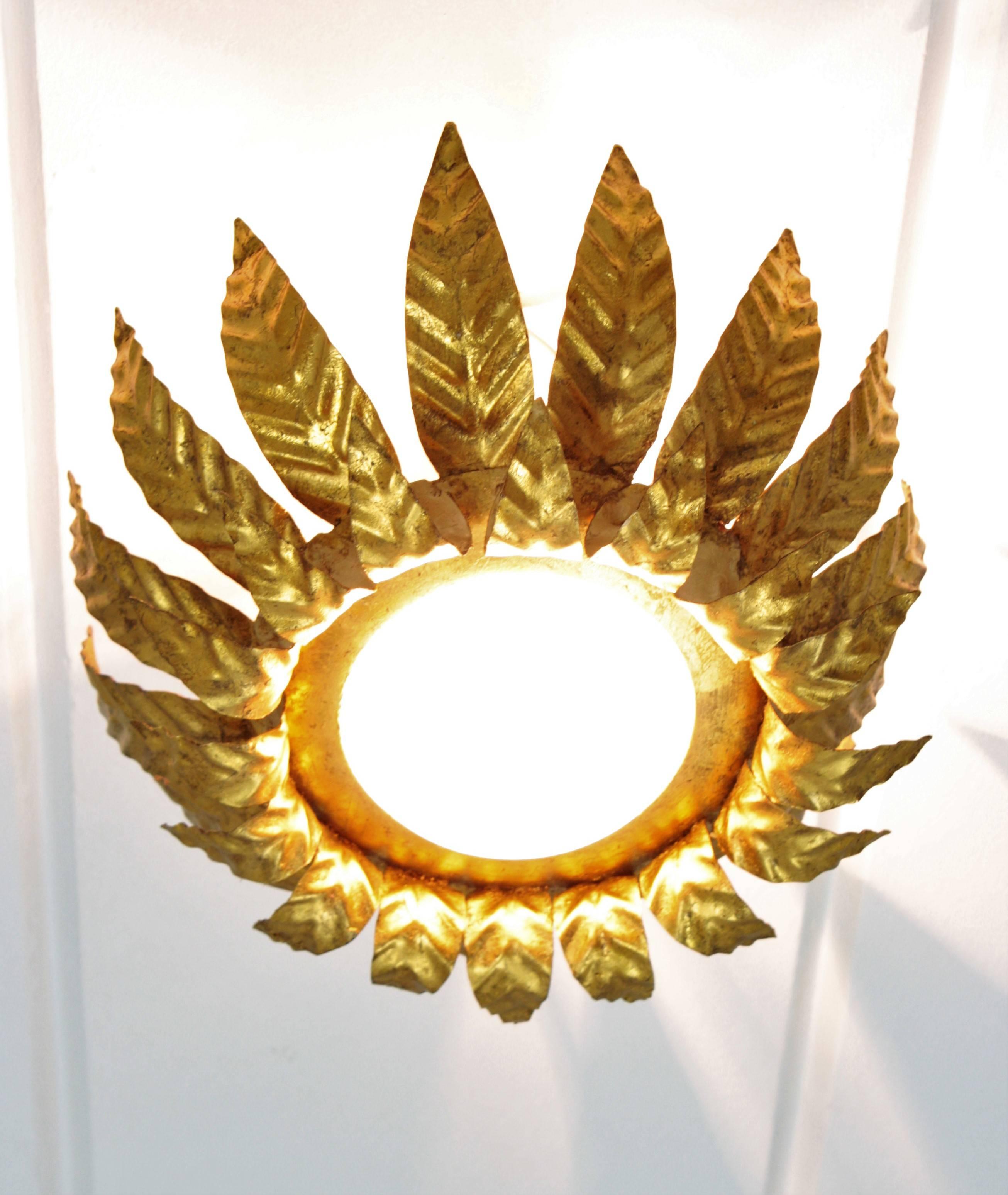 Sunburst Light Fixture in Gold Leaf Gilt Iron and Milk Glass For Sale 1