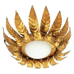 Flower Sunburst Ceiling Light Fixture, Gold Leaf Gilt Iron & Milk Glass, 1950s