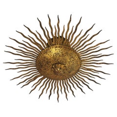 Sunburst Light Fixture or Chandelier with Curly Rays in Gilt Wrought Iron, 1950s