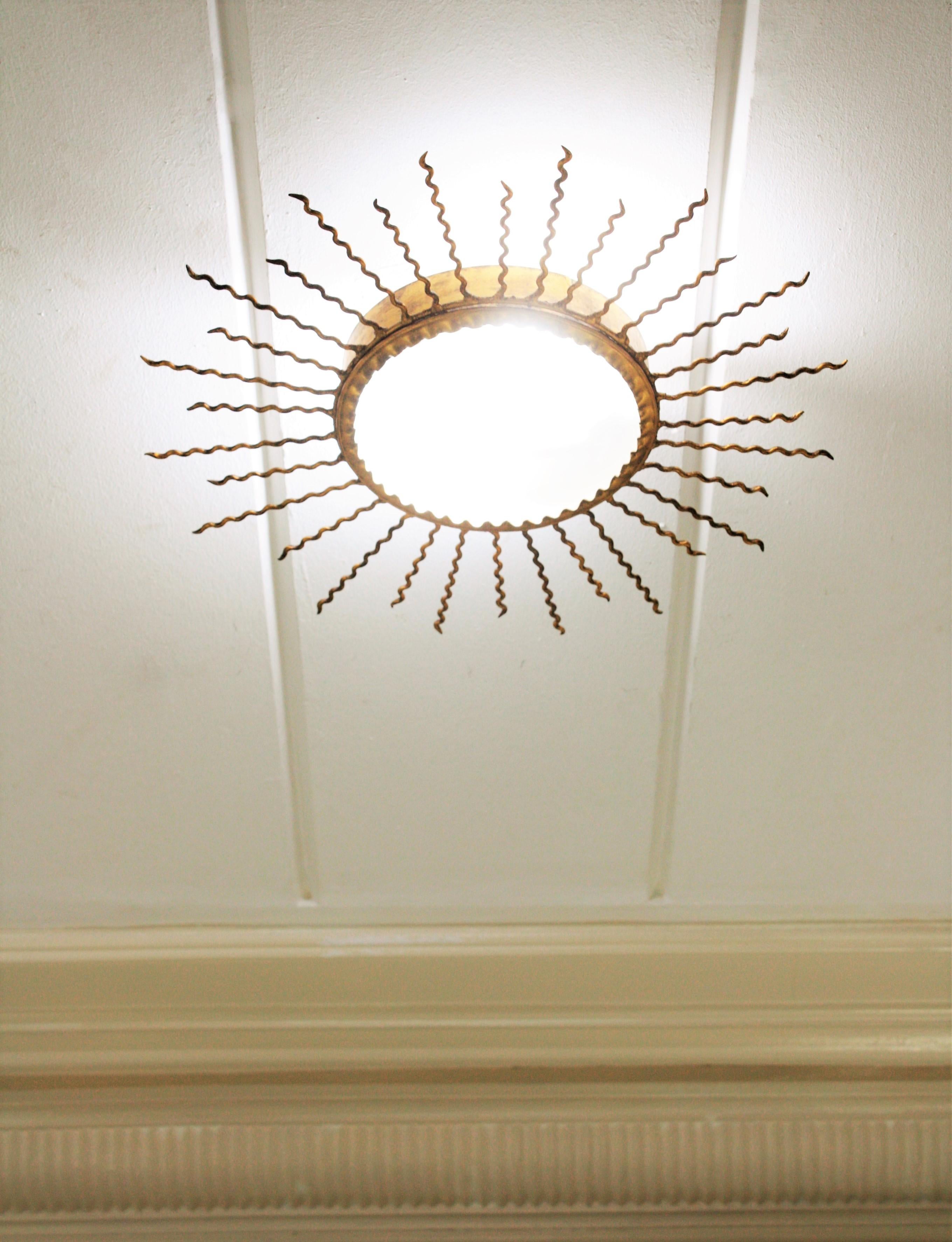 Sunburst Light Fixture or Sunburst Mirror in Gilt Iron, 1950s 3